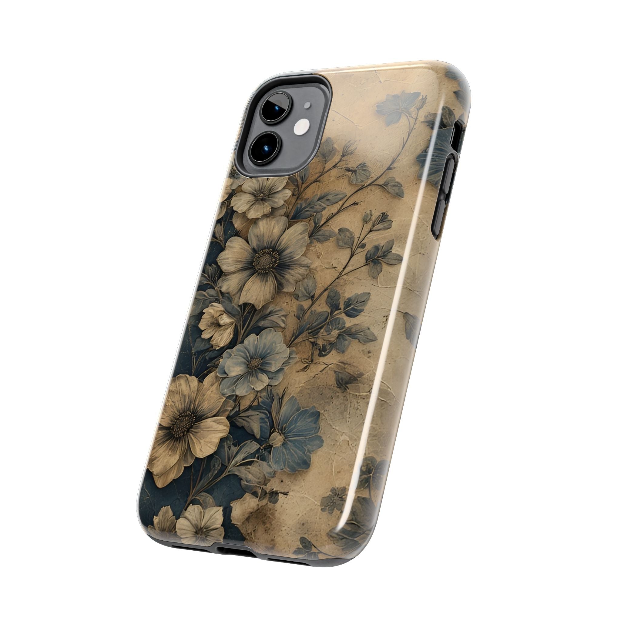 Vintage Floral Tough Phone Case — Antique Beige & Navy Protective Cover