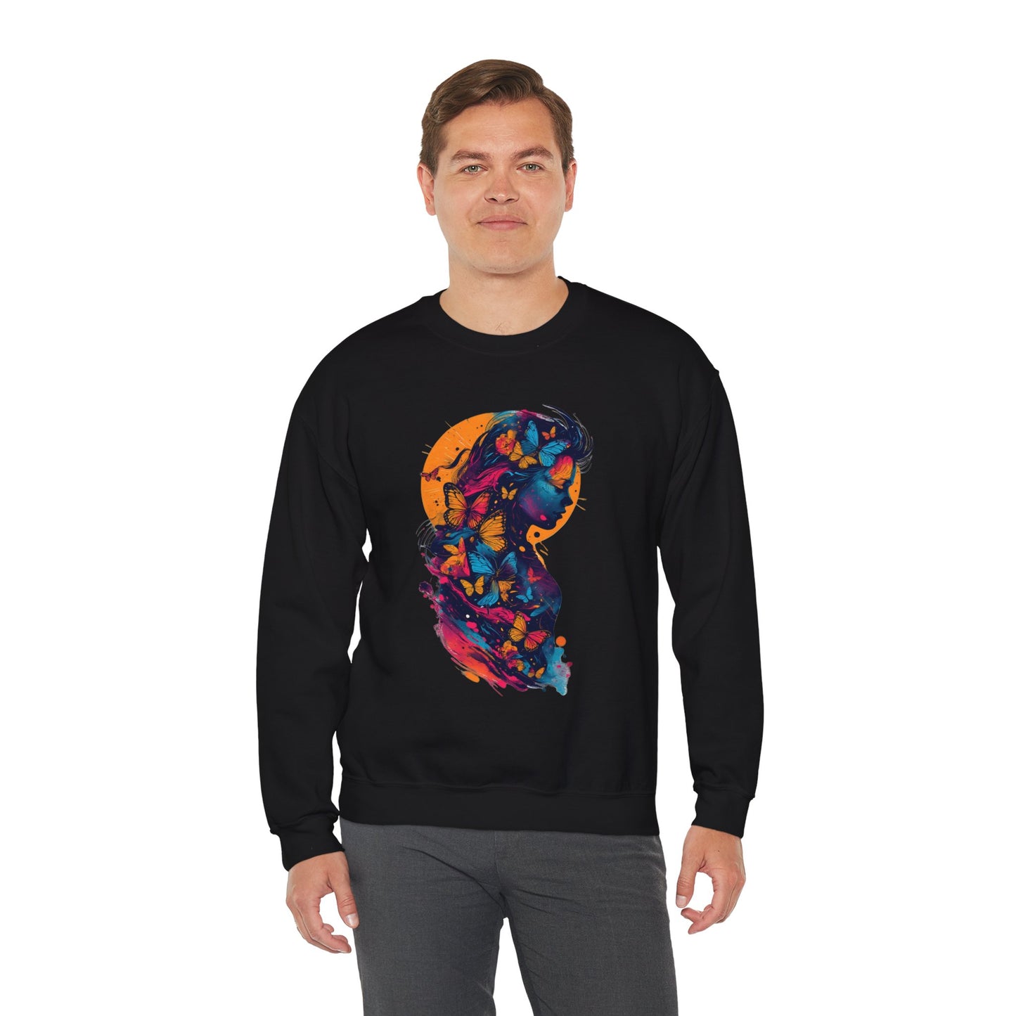 Butterfly Silhouette Crewneck Sweatshirt — Colorful Butterfly Profile Graphic