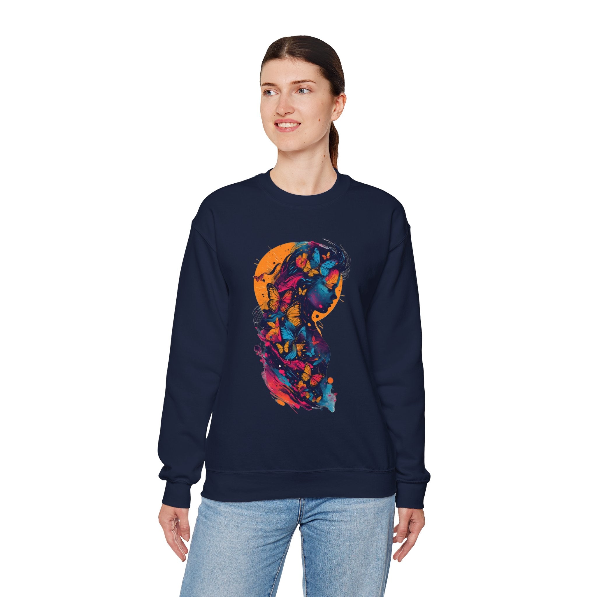 Butterfly Silhouette Crewneck Sweatshirt — Colorful Butterfly Profile Graphic
