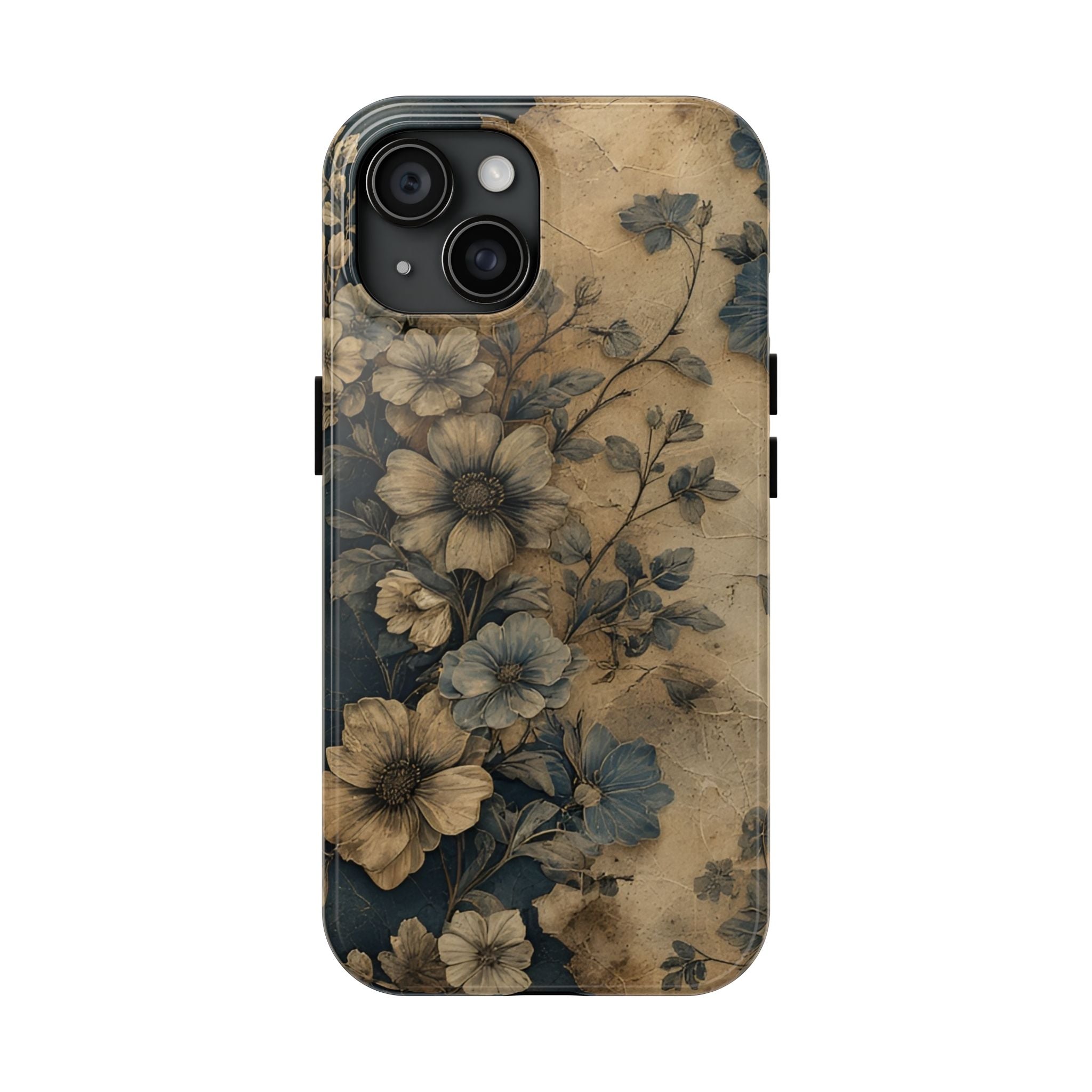 Vintage Floral Tough Phone Case — Antique Beige & Navy Protective Cover