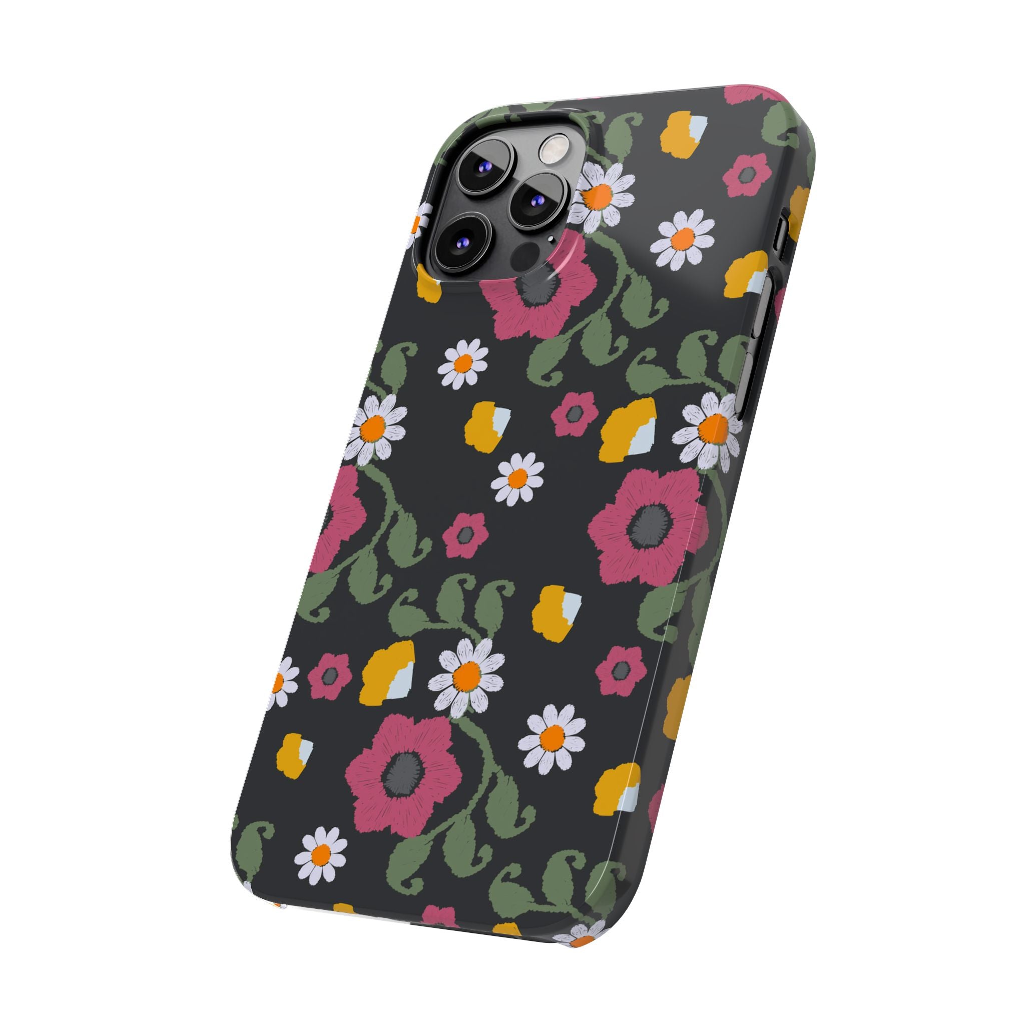 Floral Slim Phone Case, Black Flower Phone Cover, Stylish Phone Accessory, Gift for Her, Trendy Floral Case