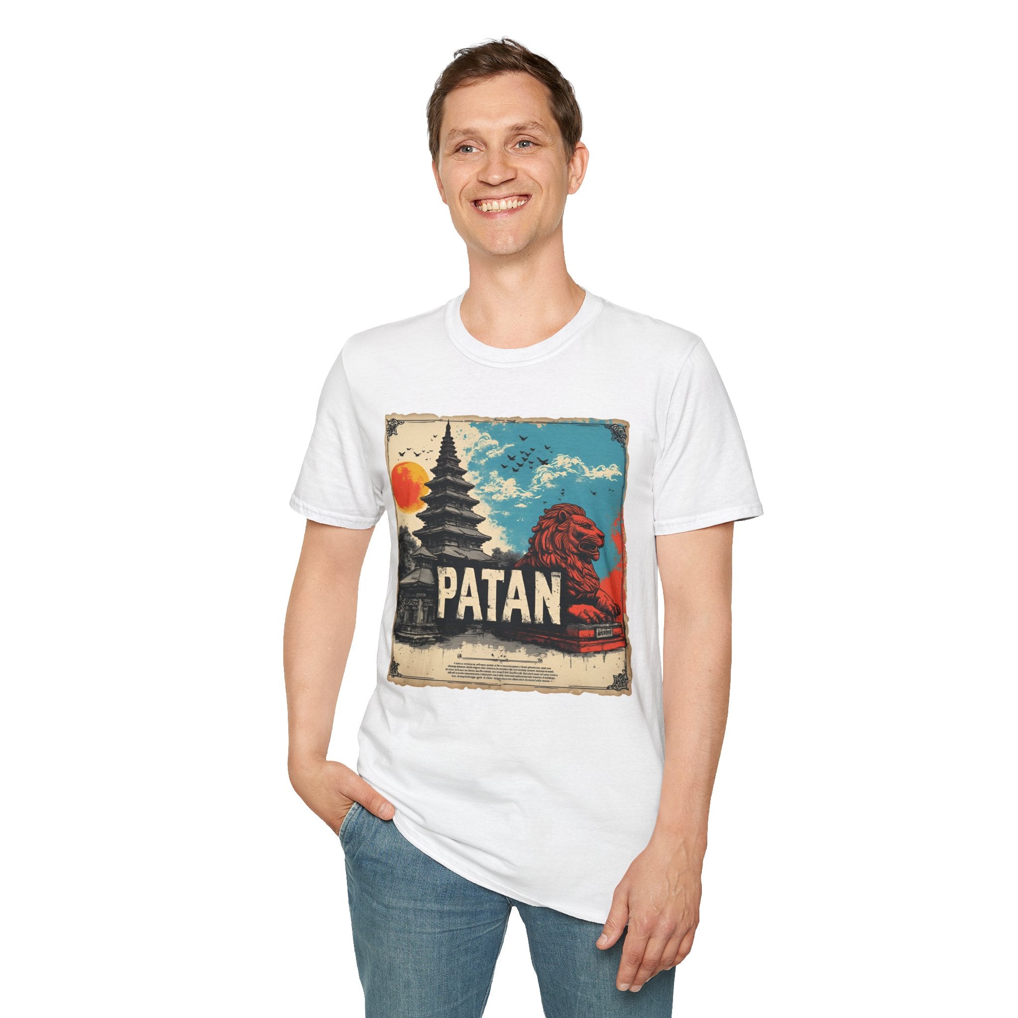 Patan City T-Shirt – Temple & Lion Graphic Tee, Nepali Cultural Heritage Design