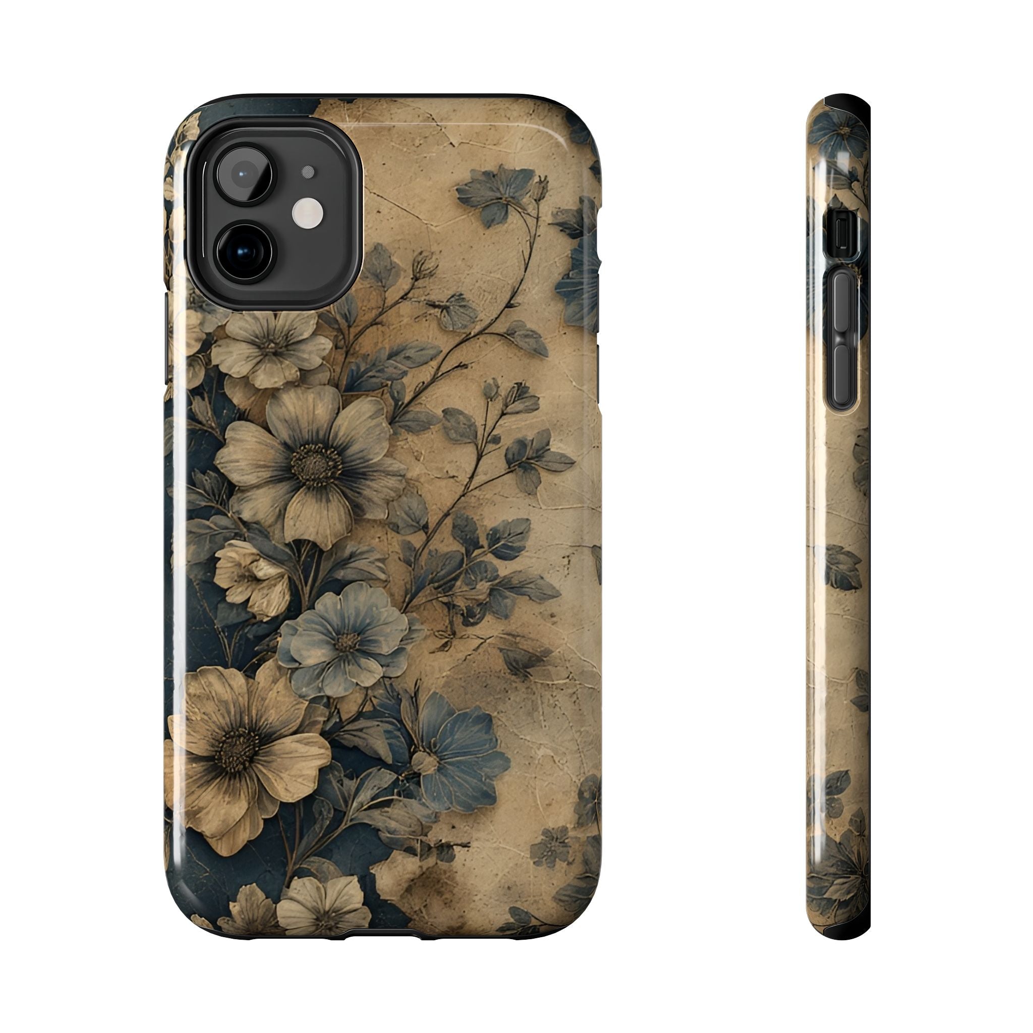 Vintage Floral Tough Phone Case — Antique Beige & Navy Protective Cover