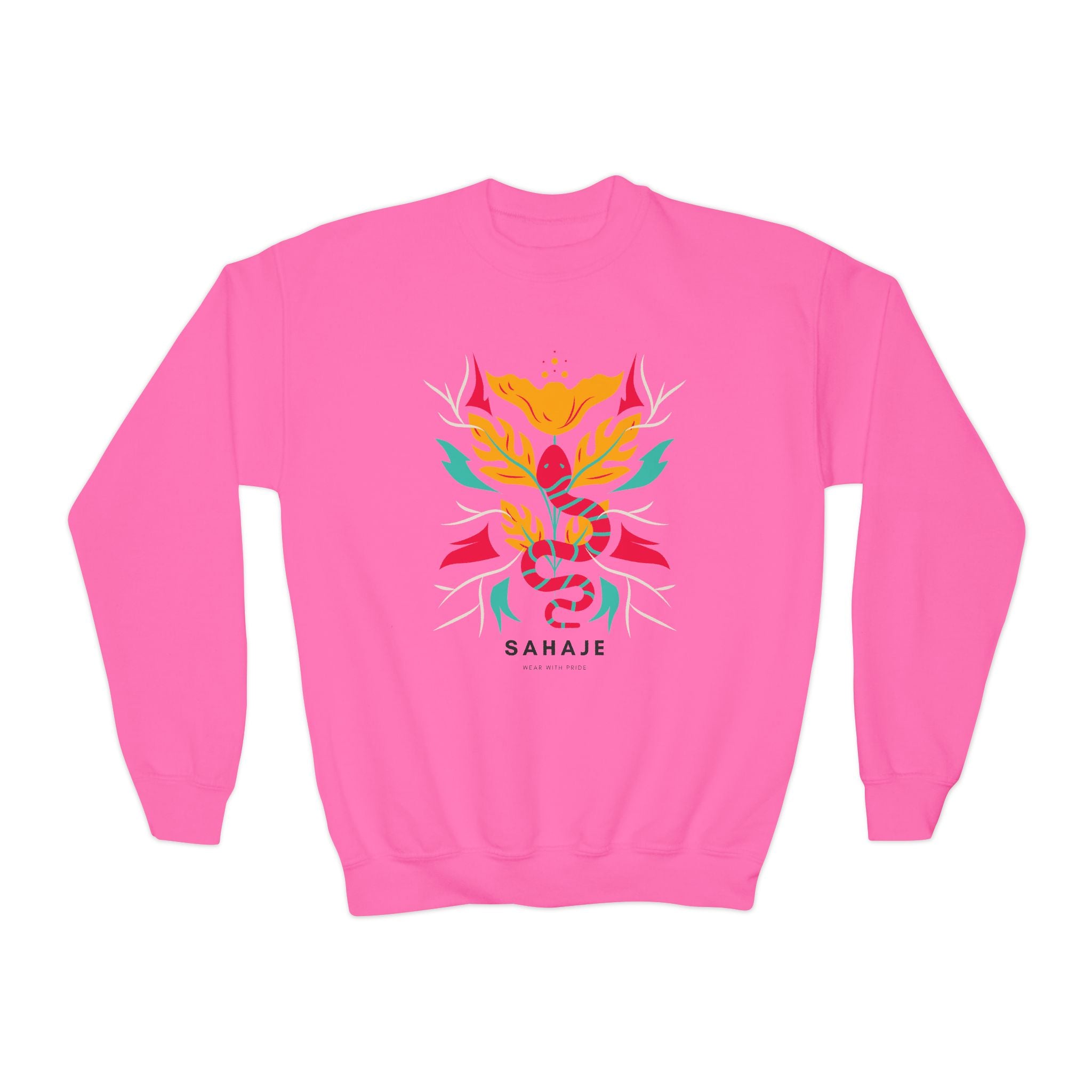 Youth Crewneck Sweatshirt — Vibrant Floral Snake Graphic “SAHAJE”