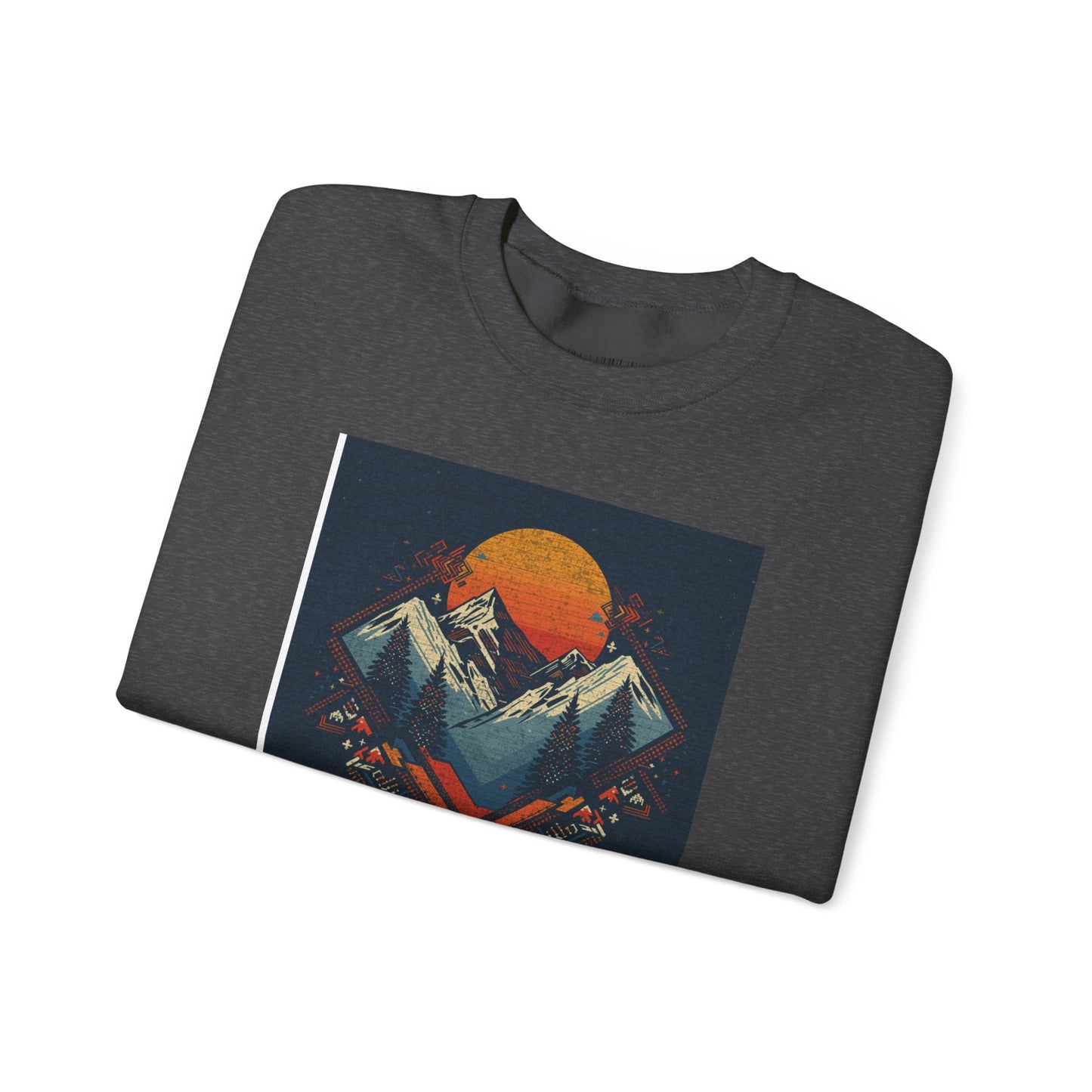 Mountain Sunset Crewneck Sweatshirt — Retro Geometric Peaks Graphic