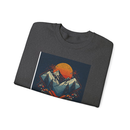 Mountain Sunset Crewneck Sweatshirt — Retro Geometric Peaks Graphic