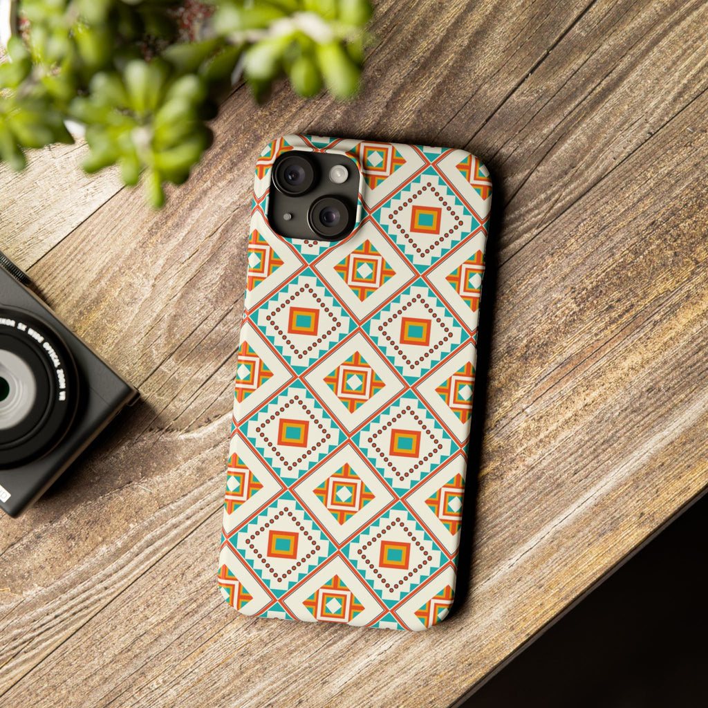 Slim Phone Case — Retro Geometric Tile Pattern (Turquoise & Orange)