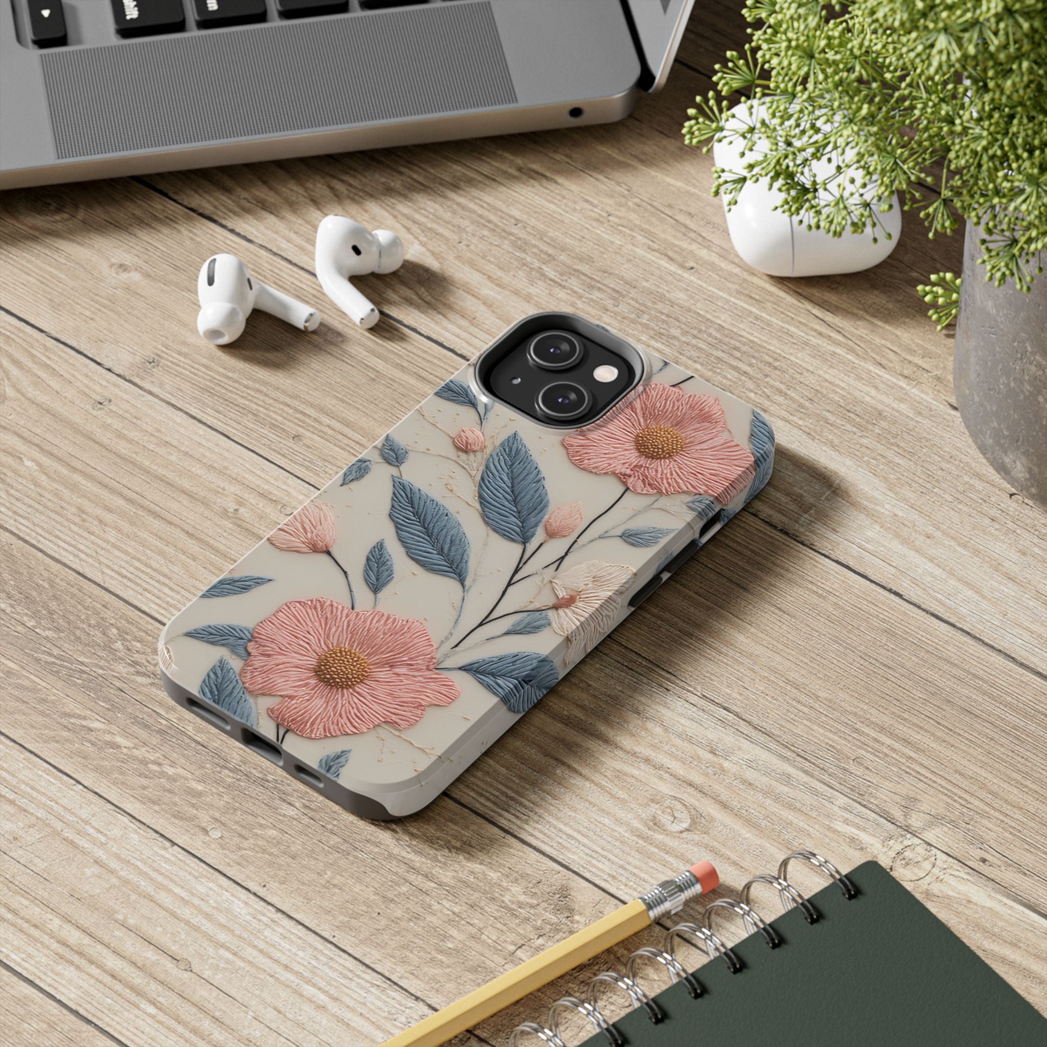 Floral Embroidered Tough Phone Case — Pink Blossom Protective Phone Cover