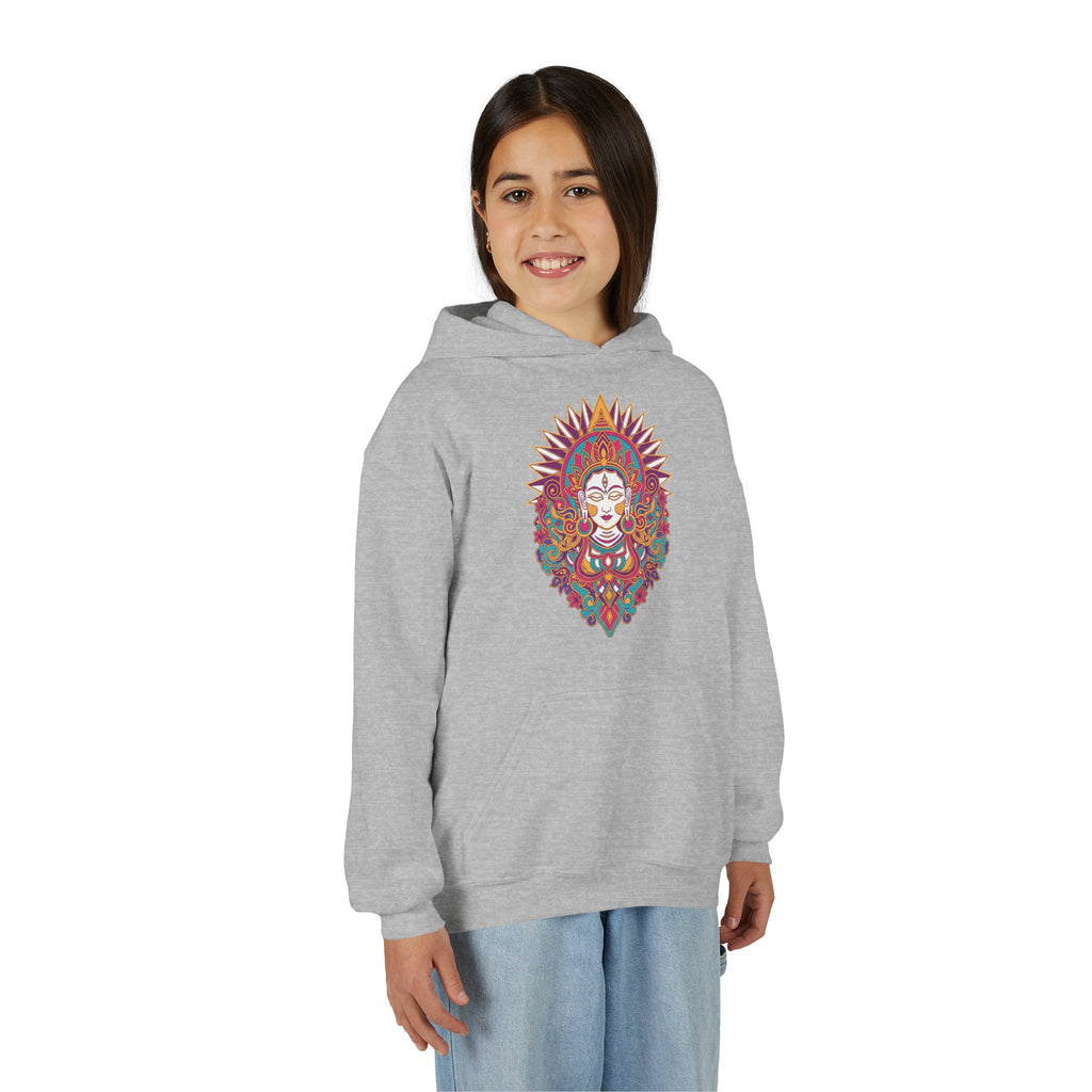 Youth Hoodie with Colorful Sugar Skull Goddess Design — Day of the Dead Kids Pullover