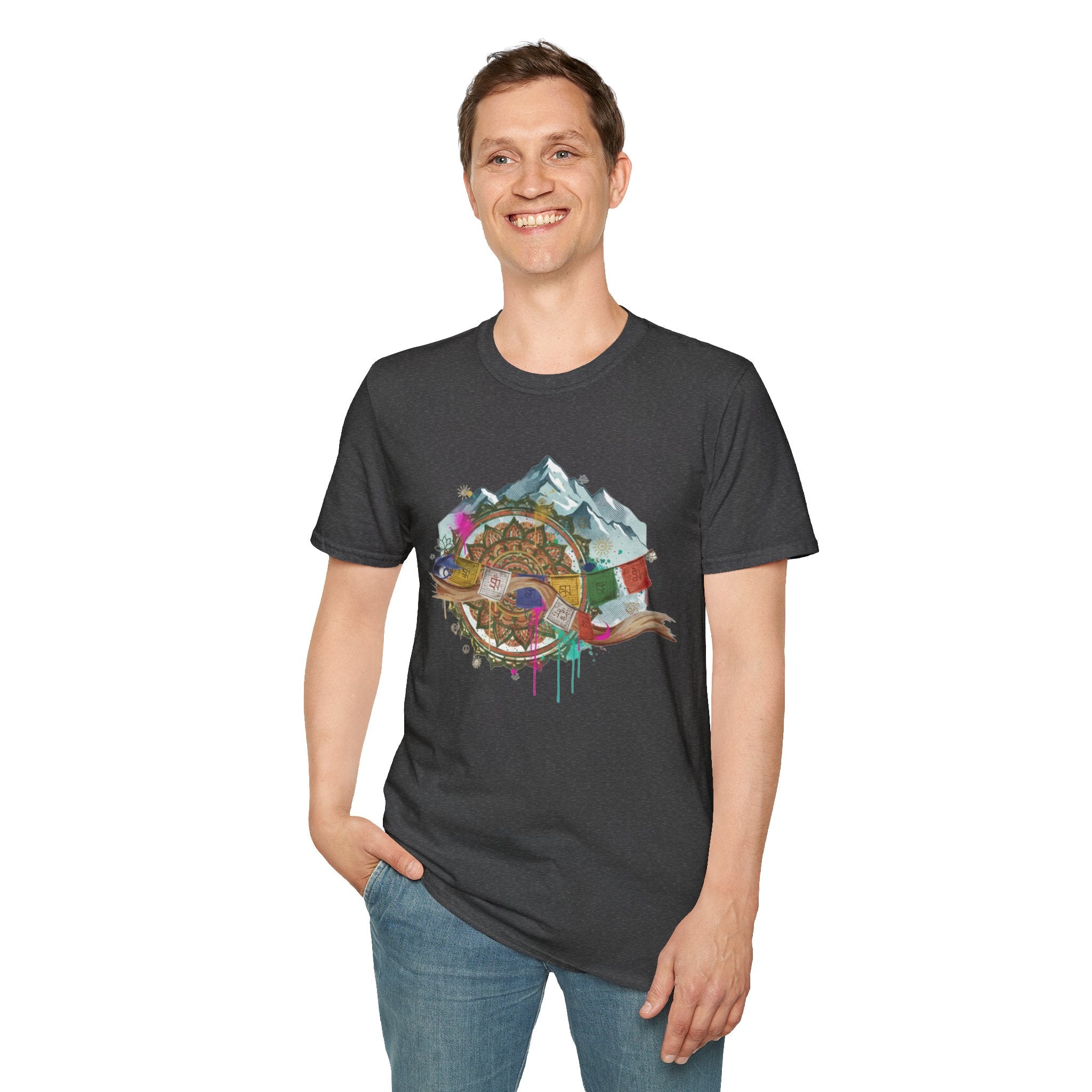 Adventure Compass T-Shirt — Mountain Compass with Prayer Flags & Colorful Globe