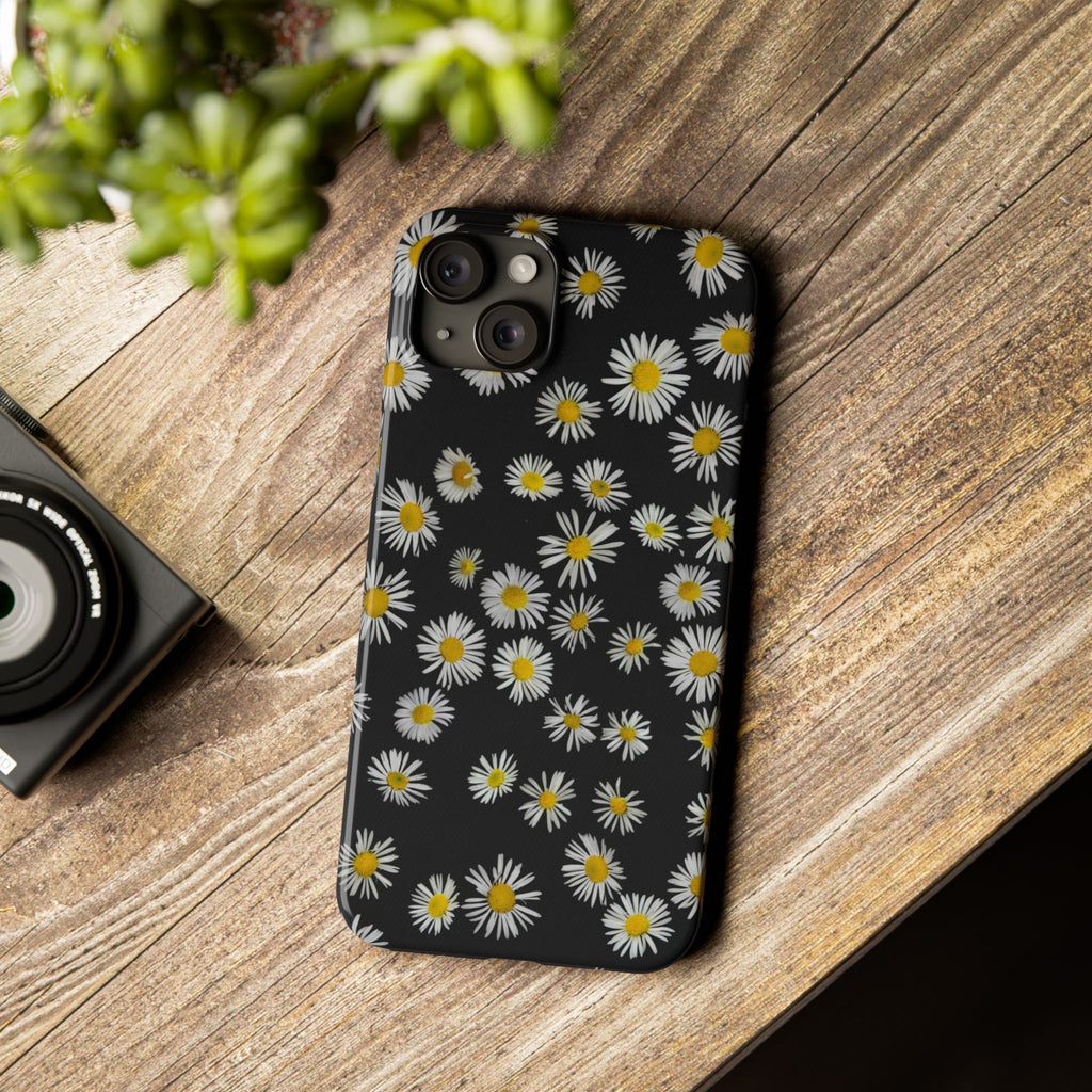 Daisy Pattern Slim Phone Case — Black Background Floral iPhone Case