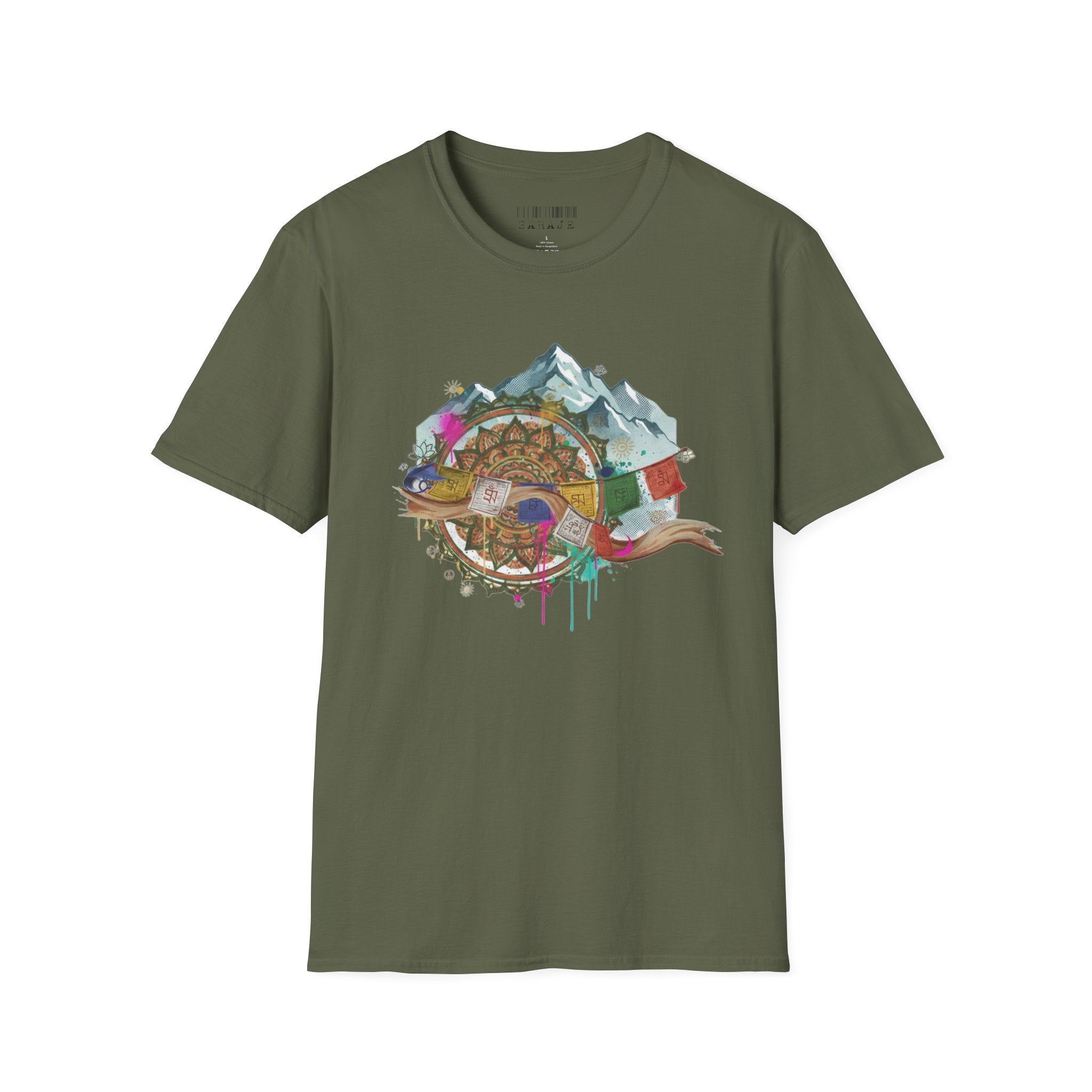 Adventure Compass T-Shirt — Mountain Compass with Prayer Flags & Colorful Globe