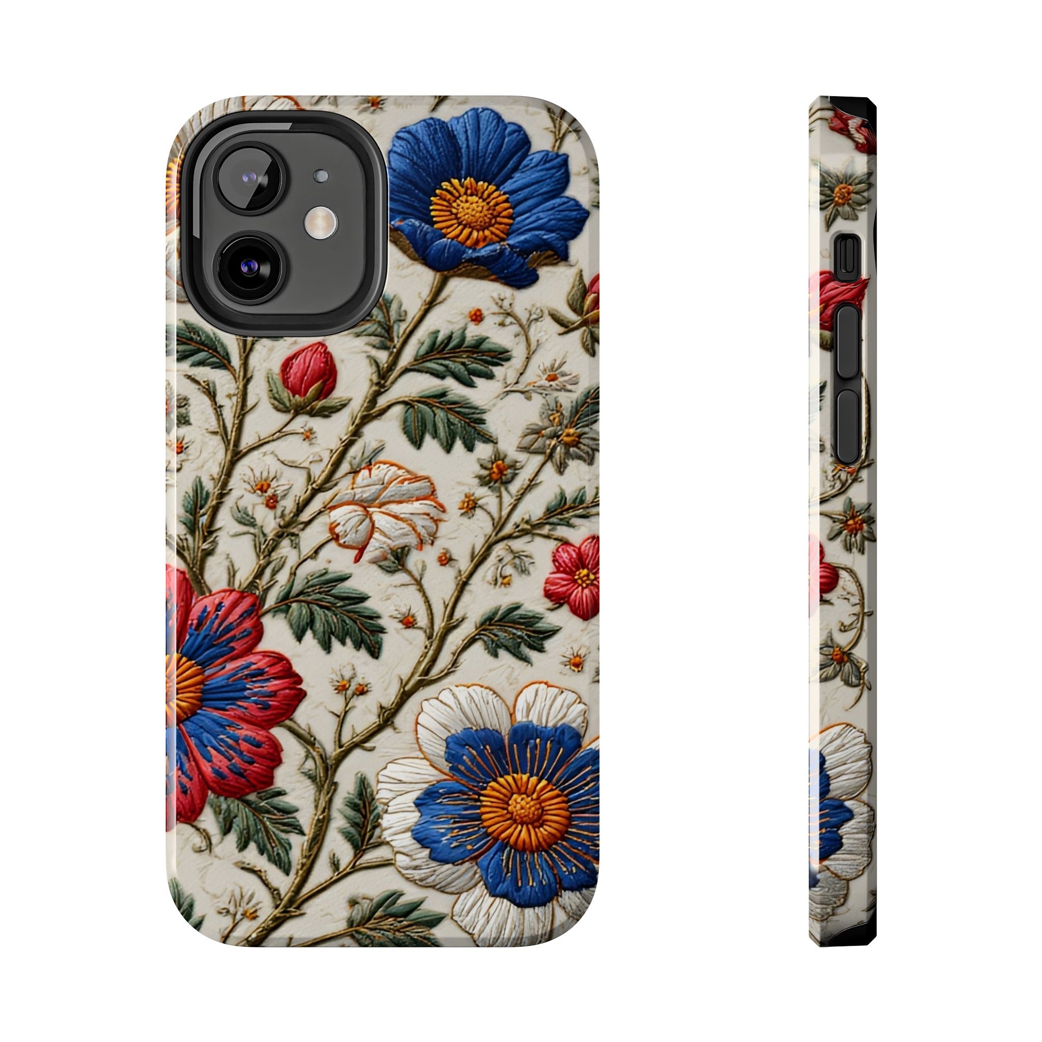 Floral Embroidery Tough Phone Case — Vintage Blue & Red Garden Design
