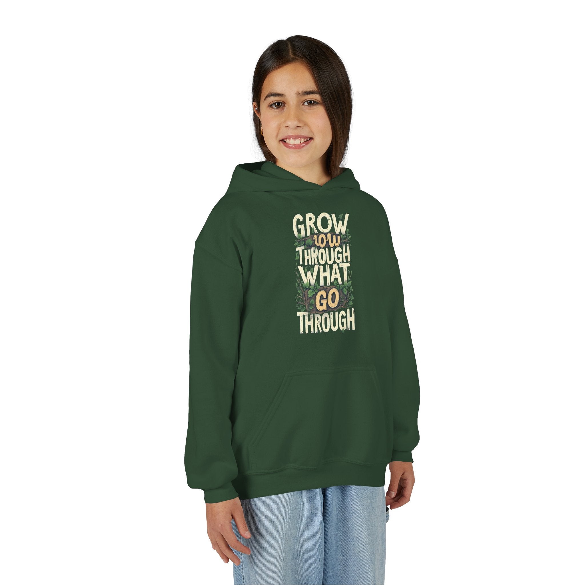 Youth Hoodie — 'Grow Slow, Go Through' Floral Motivational Hooded Sweatshirt