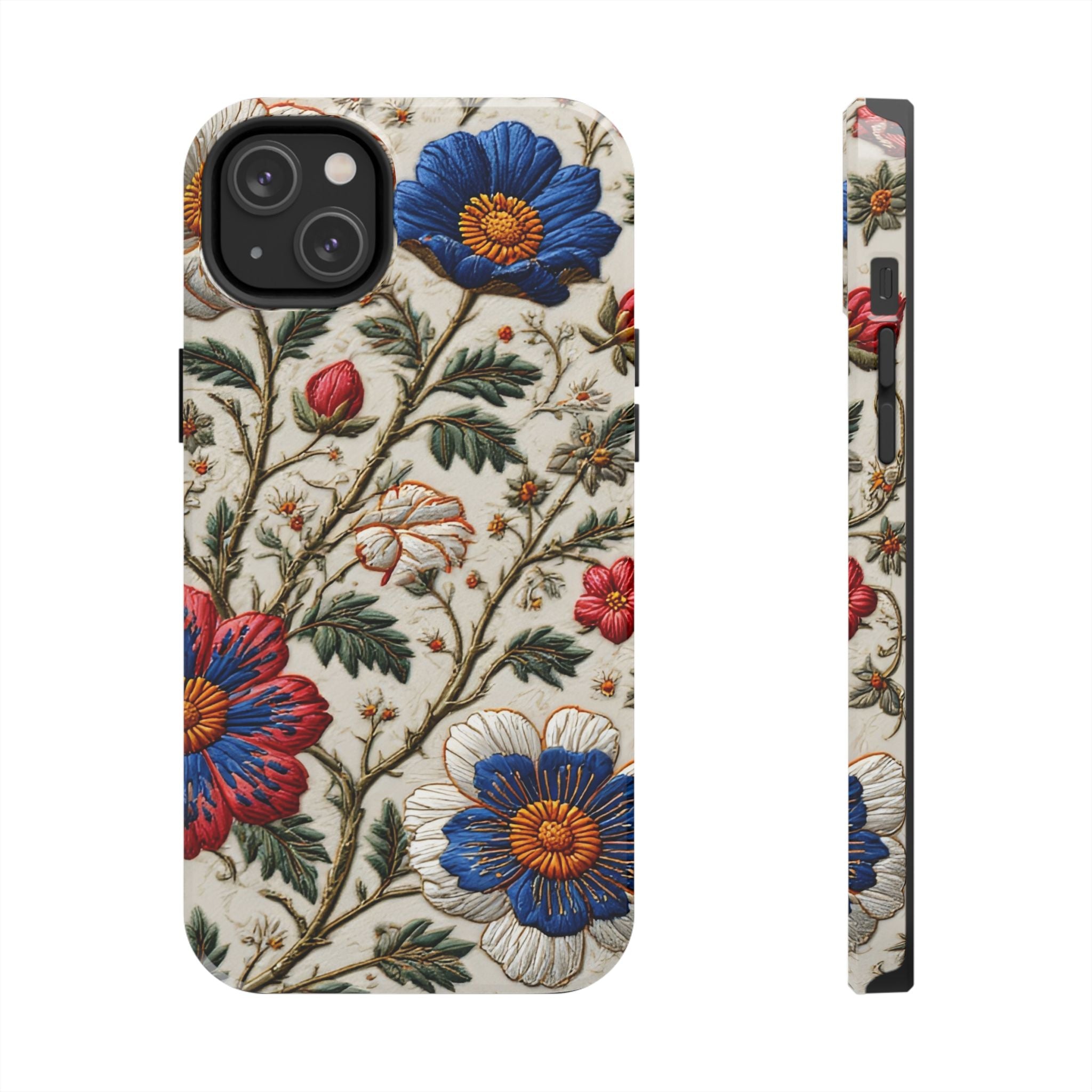 Floral Embroidery Tough Phone Case — Vintage Blue & Red Garden Design