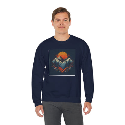 Mountain Sunset Crewneck Sweatshirt — Retro Geometric Peaks Graphic