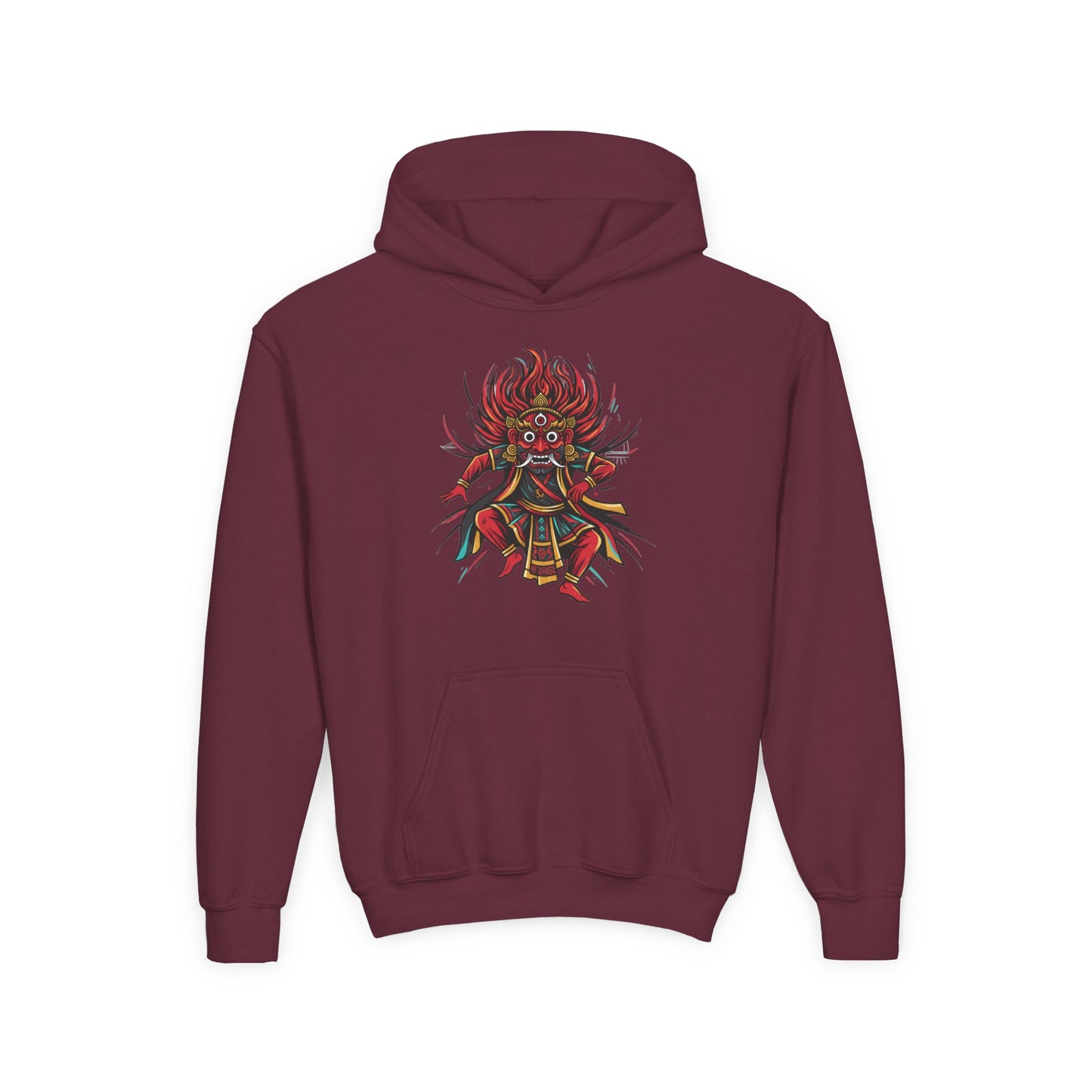 Youth Hoodie — Colorful Mythical Demon Mask Graphic
