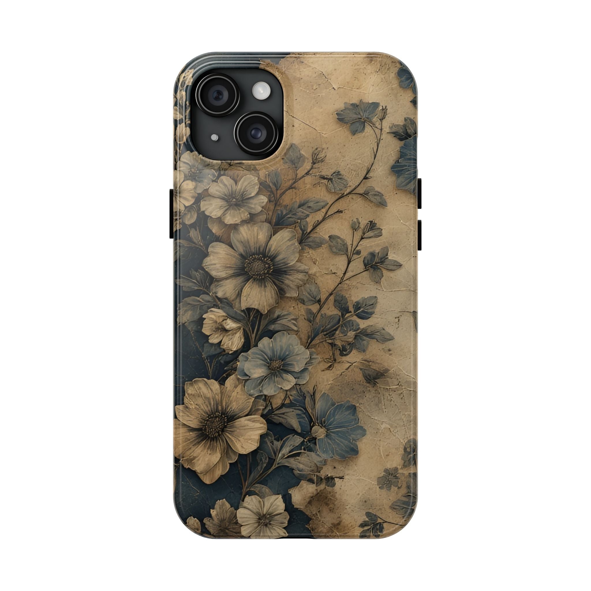 Vintage Floral Tough Phone Case — Antique Beige & Navy Protective Cover