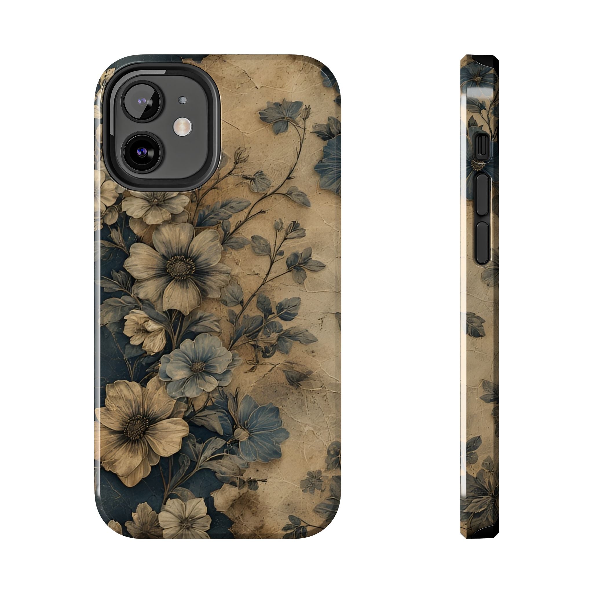 Vintage Floral Tough Phone Case — Antique Beige & Navy Protective Cover