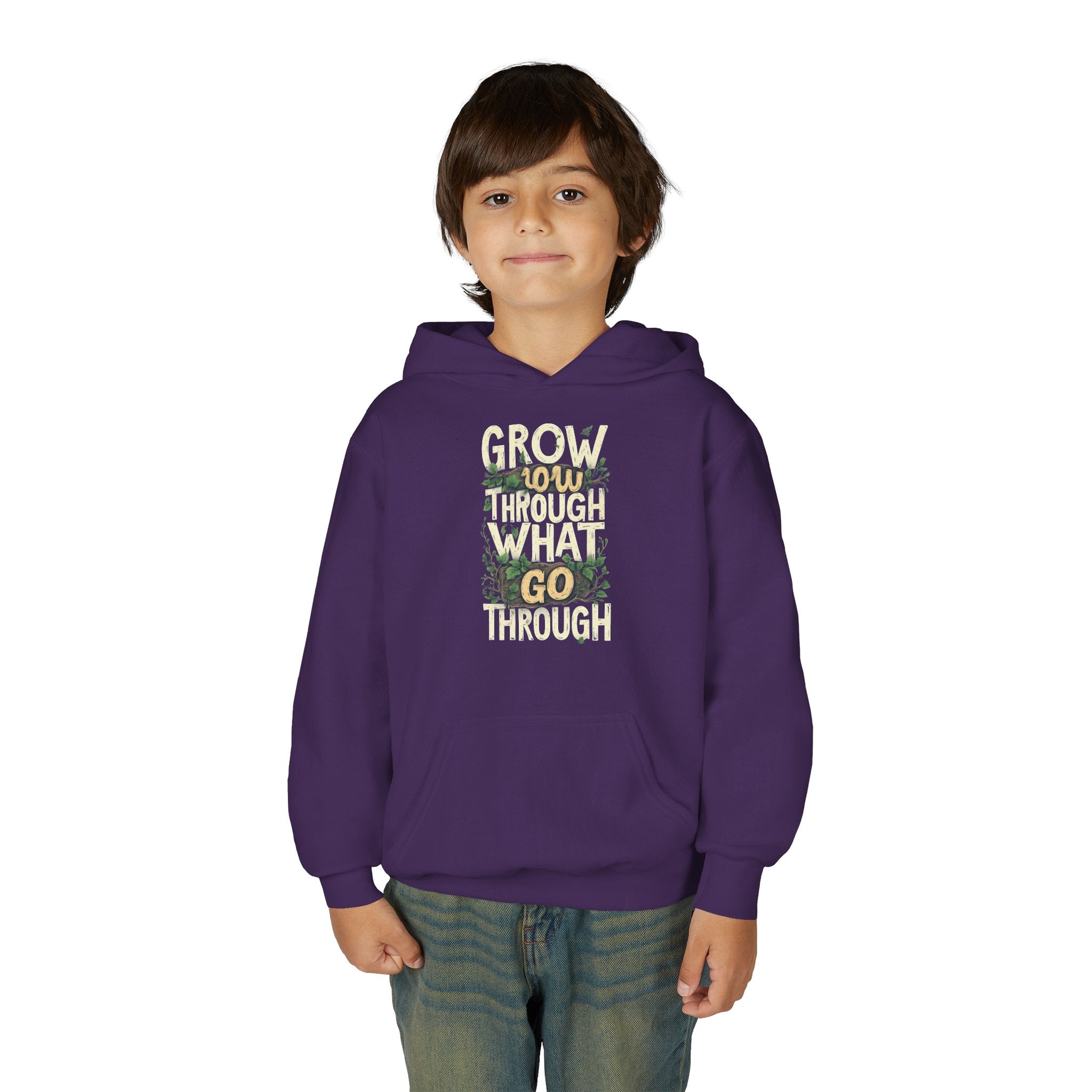Youth Hoodie — 'Grow Slow, Go Through' Floral Motivational Hooded Sweatshirt