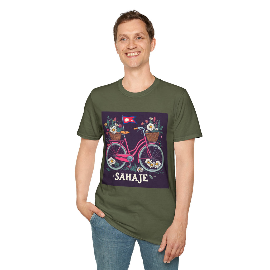 Bicycle Floral T-Shirt – Pink Bike with Baskets & "Sahaje" Text