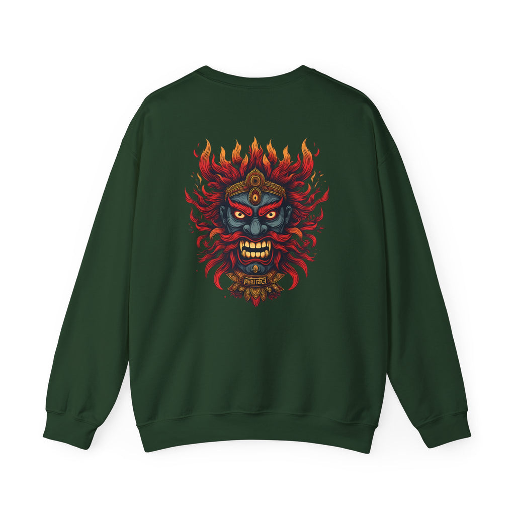 Crewneck Sweatshirt — Fiery Demon Mask Back Graphic