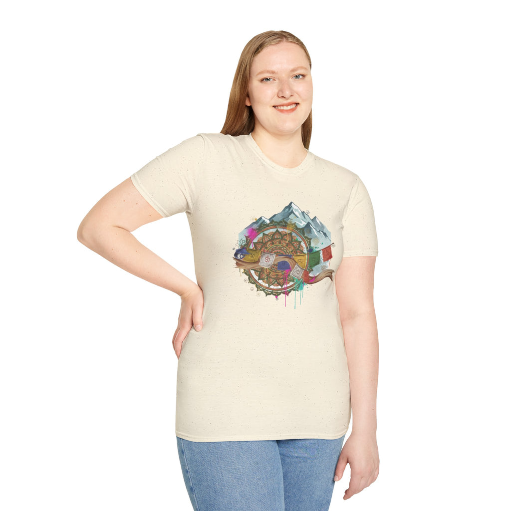 Adventure Compass T-Shirt — Mountain Compass with Prayer Flags & Colorful Globe