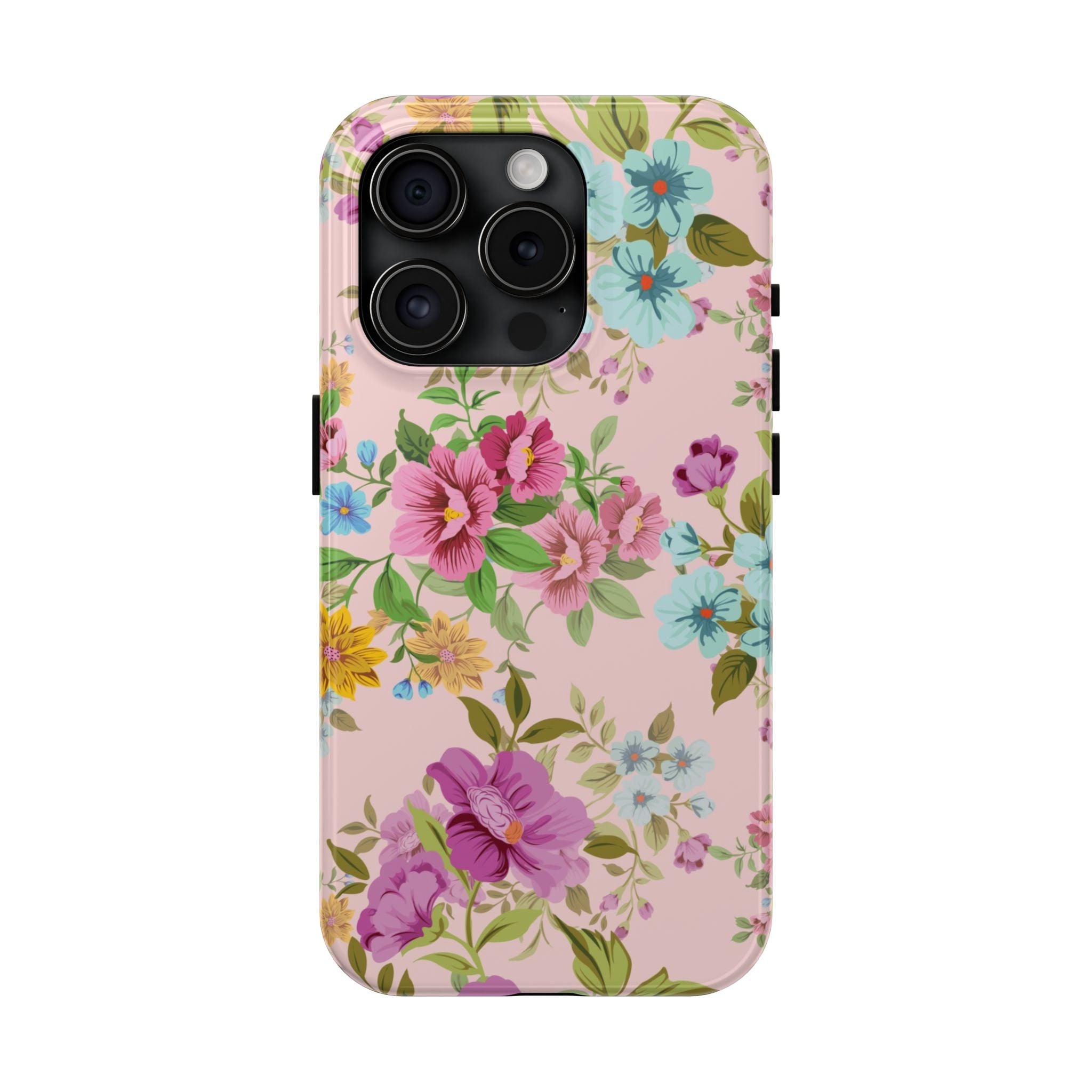 Floral Vintage Tough Phone Case — Pink Rose & Blue Blossom Protective Cover