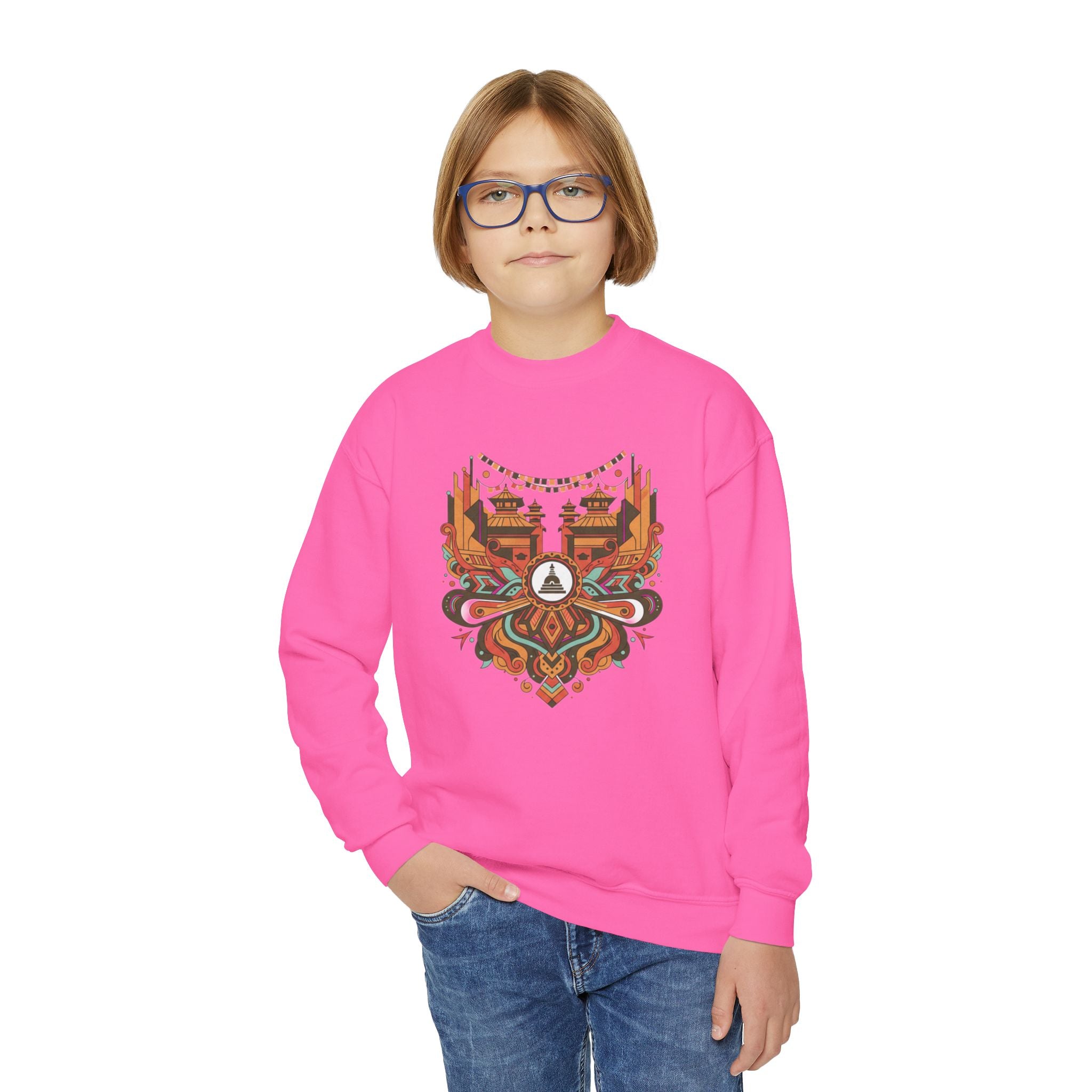 Youth Crewneck Sweatshirt — Retro Boho Fox Mask Graphic (Autumn Colors)