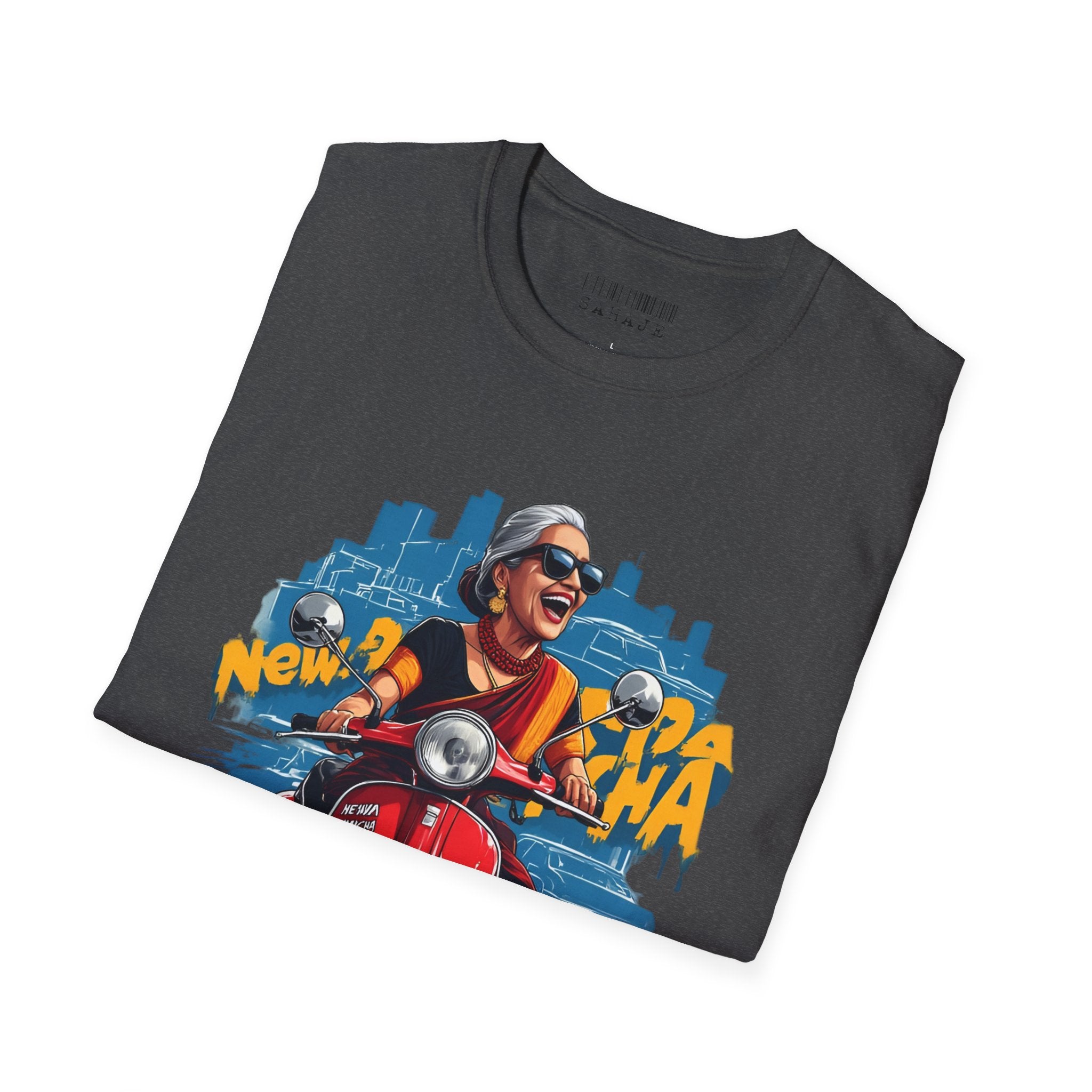 Newa Maicha Riding Scooter T-Shirt – Newari Woman in New York Graphic Tee, Cultural & Urban Design