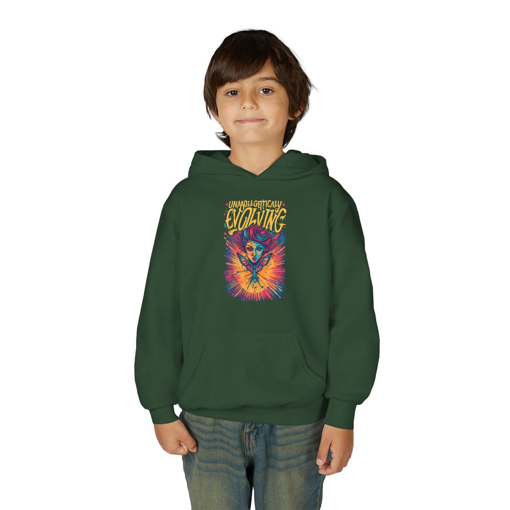 Youth Hoodie — Vibrant 'Evolving' Butterfly Girl Graphic Sweatshirt