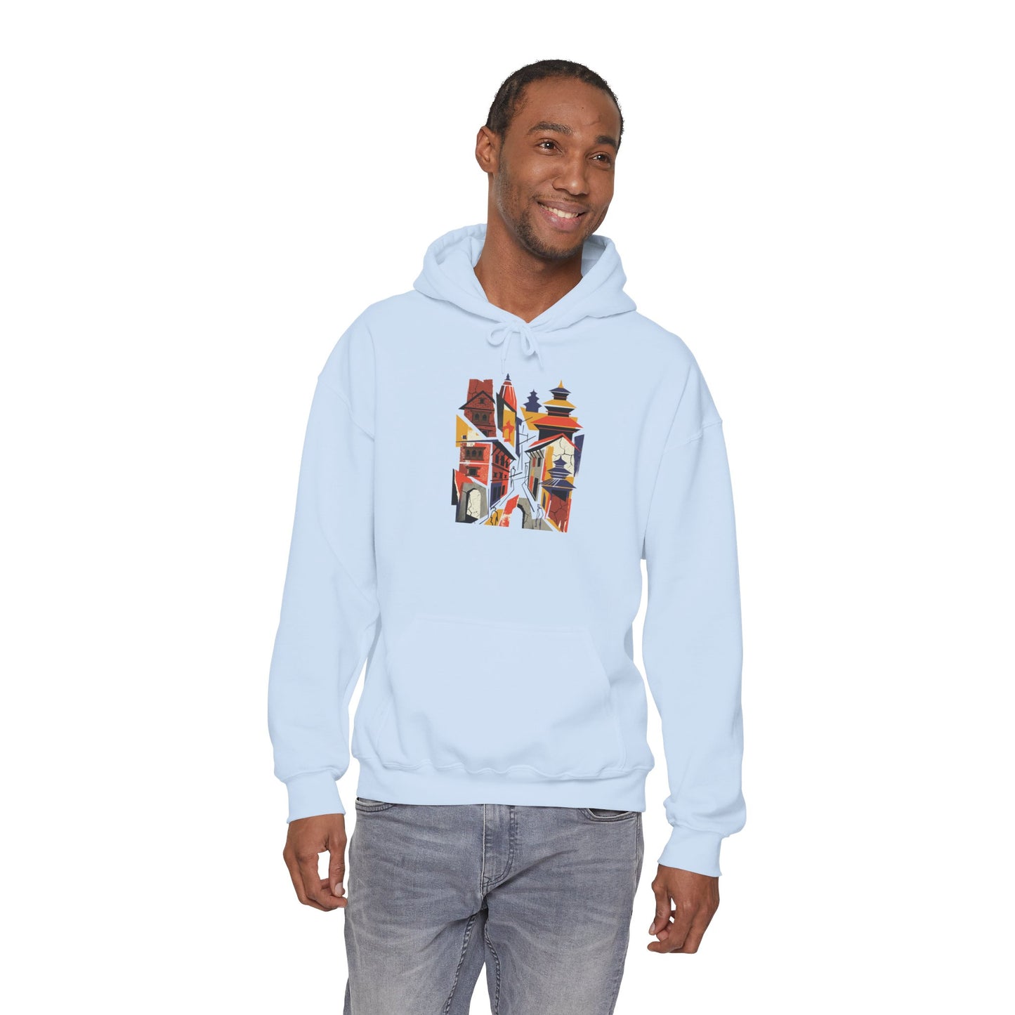 Cityscape Collage Hoodie — Colorful Urban Architecture Graphic Hoodie