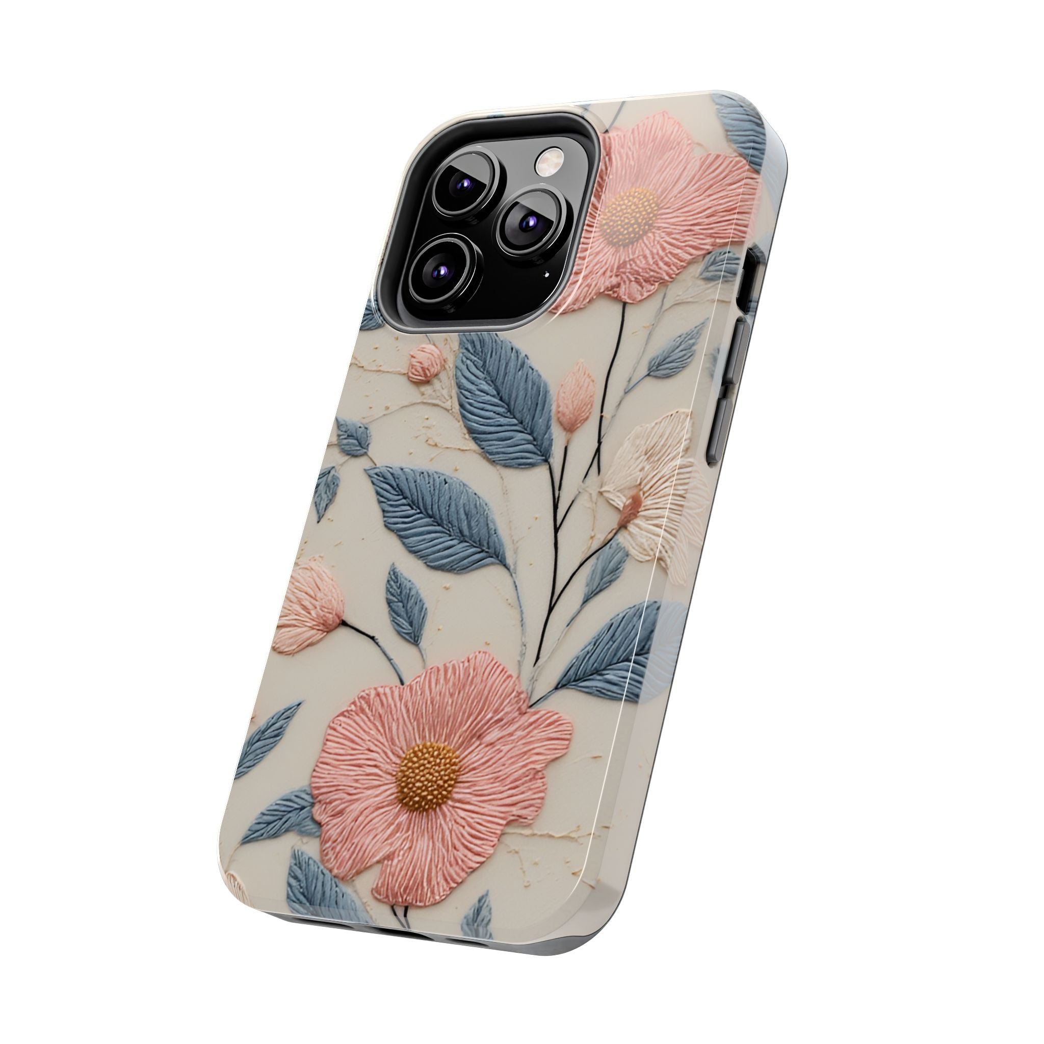 Floral Embroidered Tough Phone Case — Pink Blossom Protective Phone Cover
