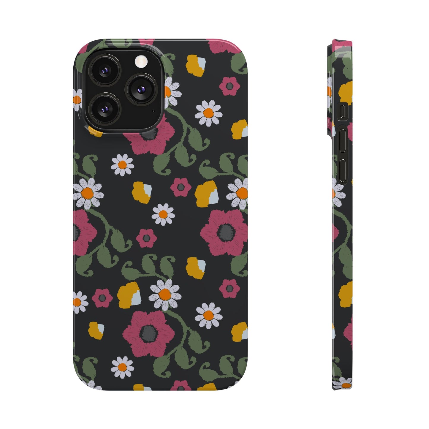 Floral Slim Phone Case, Black Flower Phone Cover, Stylish Phone Accessory, Gift for Her, Trendy Floral Case