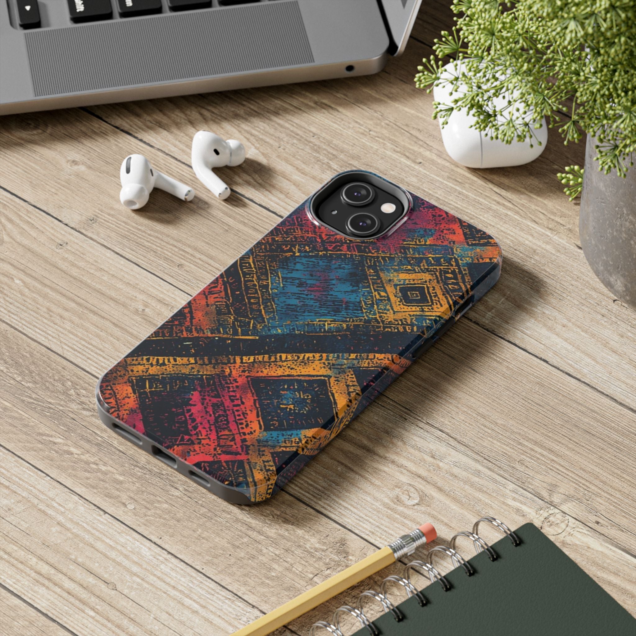 Tough Phone Case – Abstract Rustic Geometric Design (Blue, Orange, Magenta)