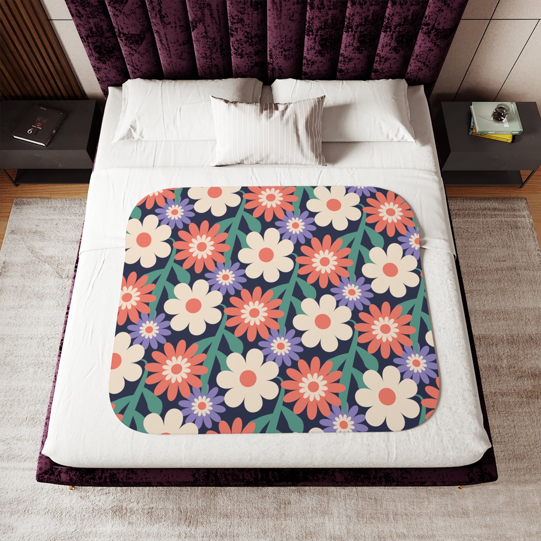 Floral Sherpa Blanket – Reversible Retro Flower Print with Cozy Beige Sherpa