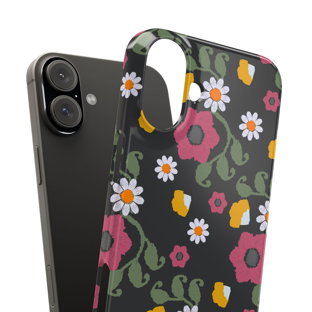 Floral Slim Phone Case, Black Flower Phone Cover, Stylish Phone Accessory, Gift for Her, Trendy Floral Case