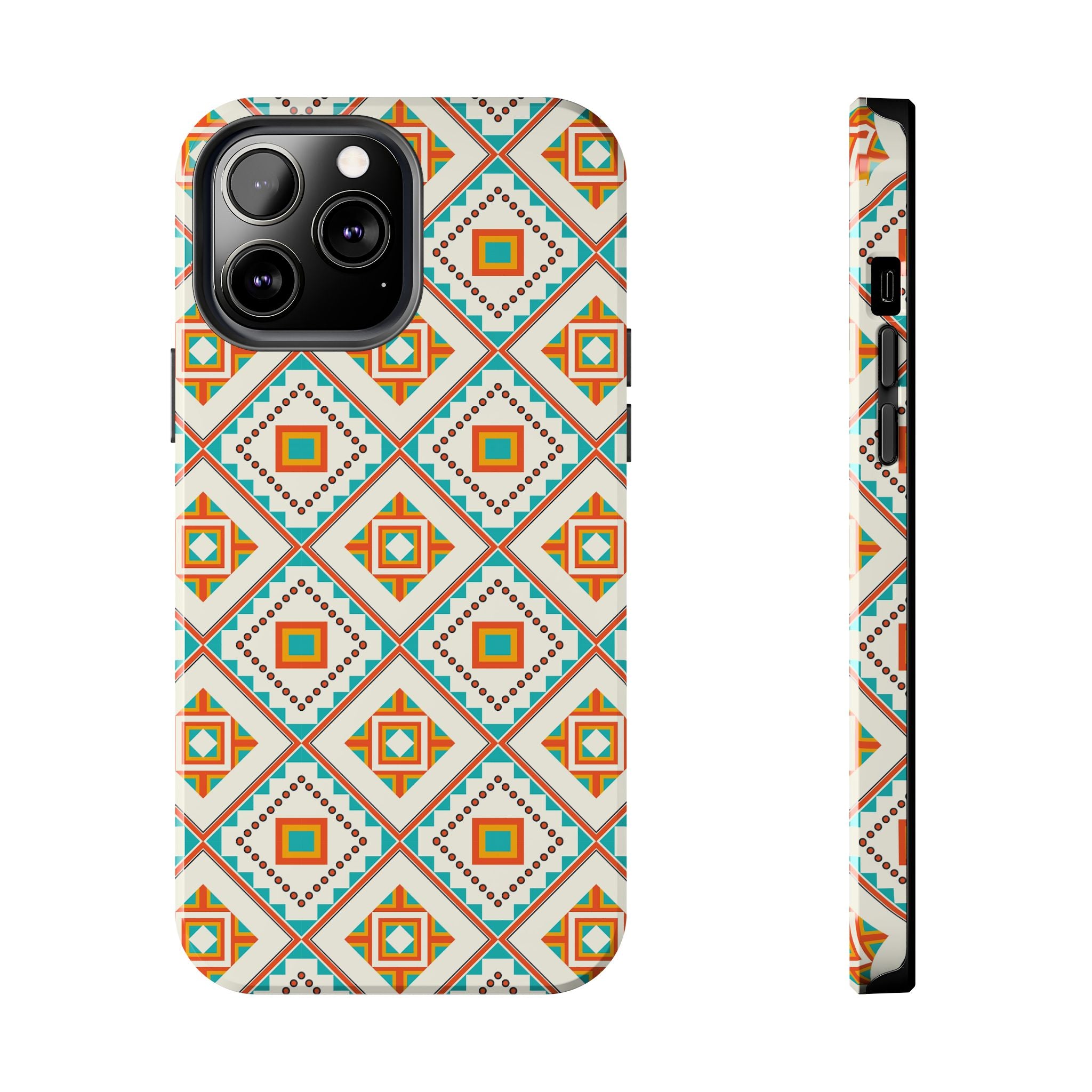 Tough Phone Case — Geometric Retro Tile Pattern, Orange & Teal Protective Cover