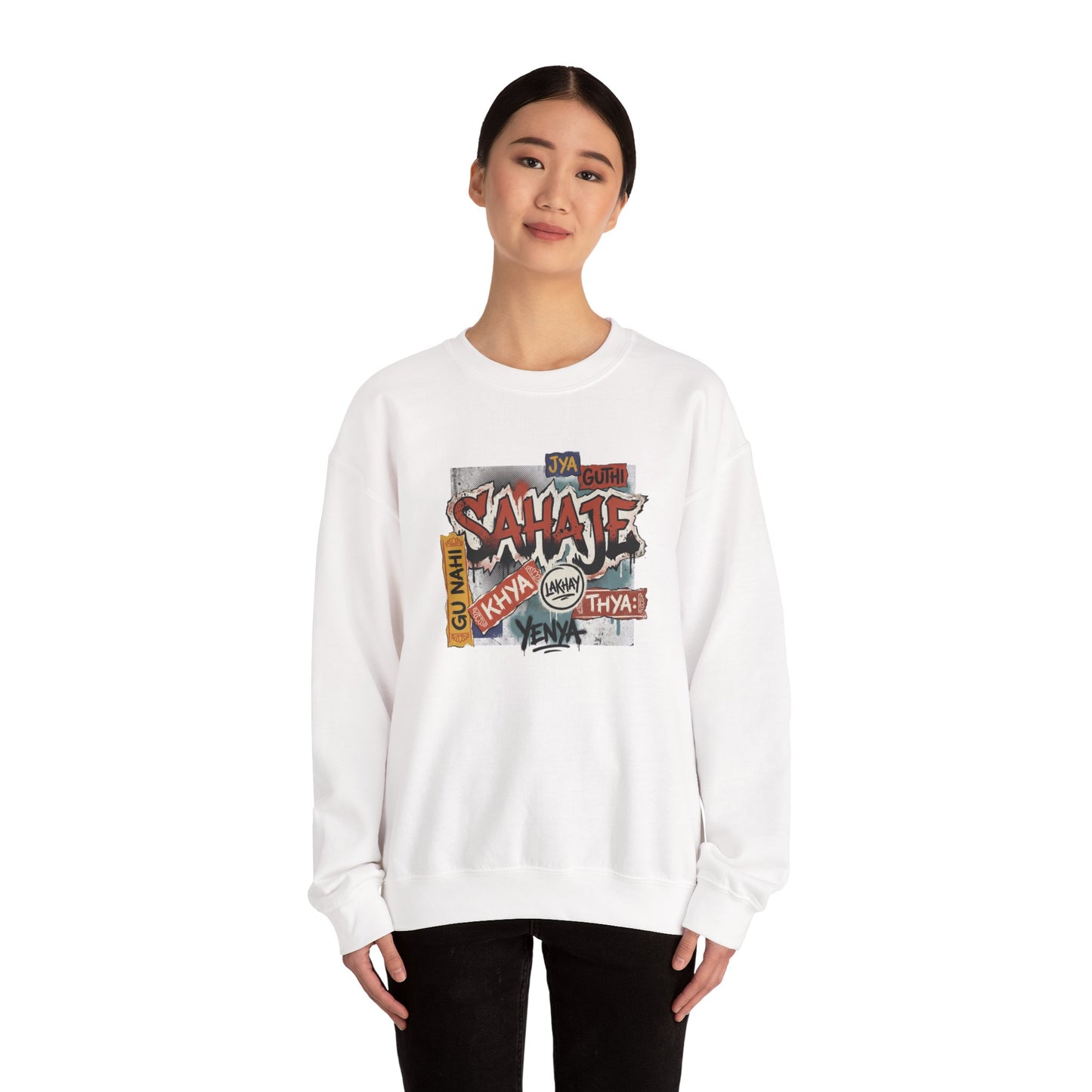 Crewneck Sweatshirt — 'Sahaje' Vintage Sticker Collage Graphic
