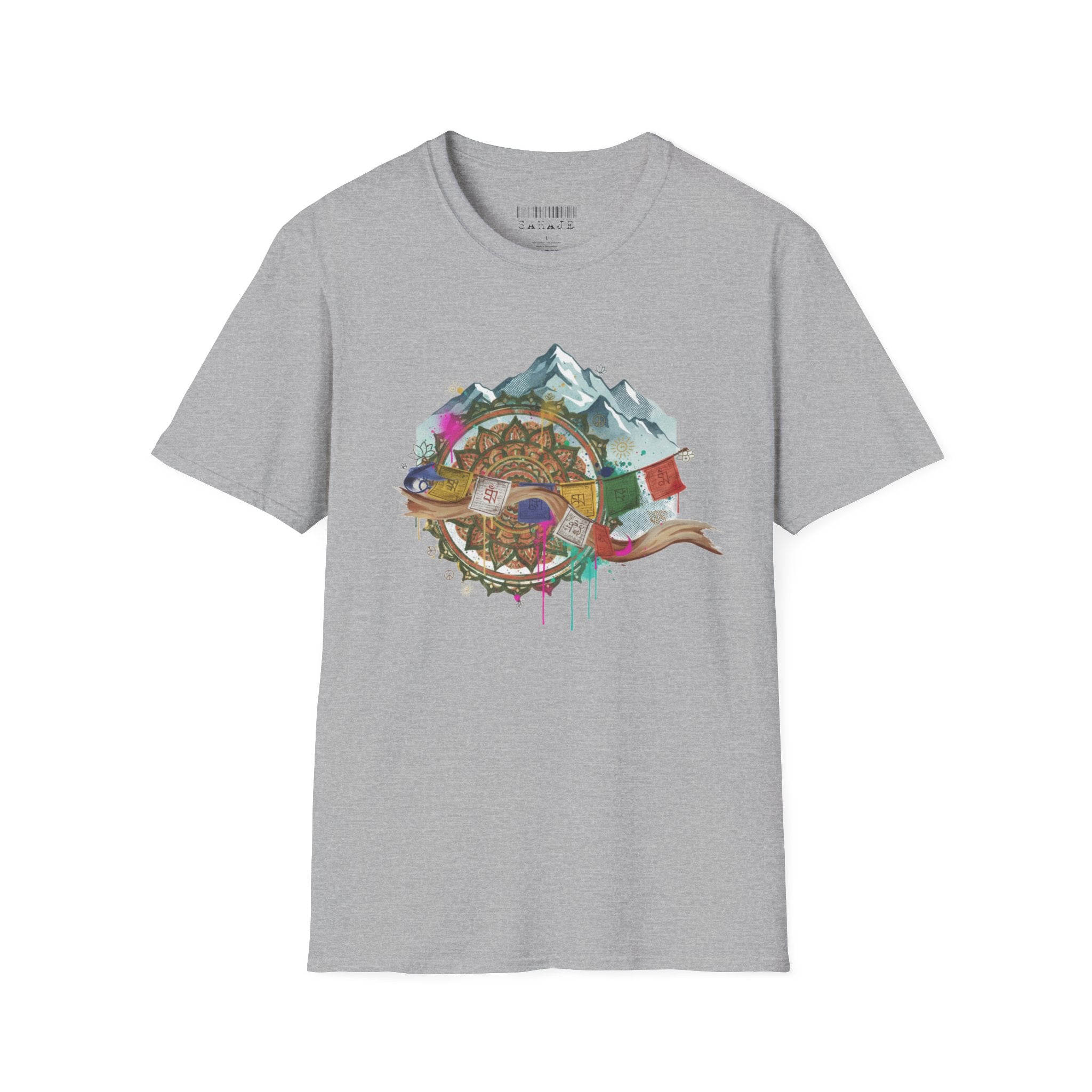 Adventure Compass T-Shirt — Mountain Compass with Prayer Flags & Colorful Globe