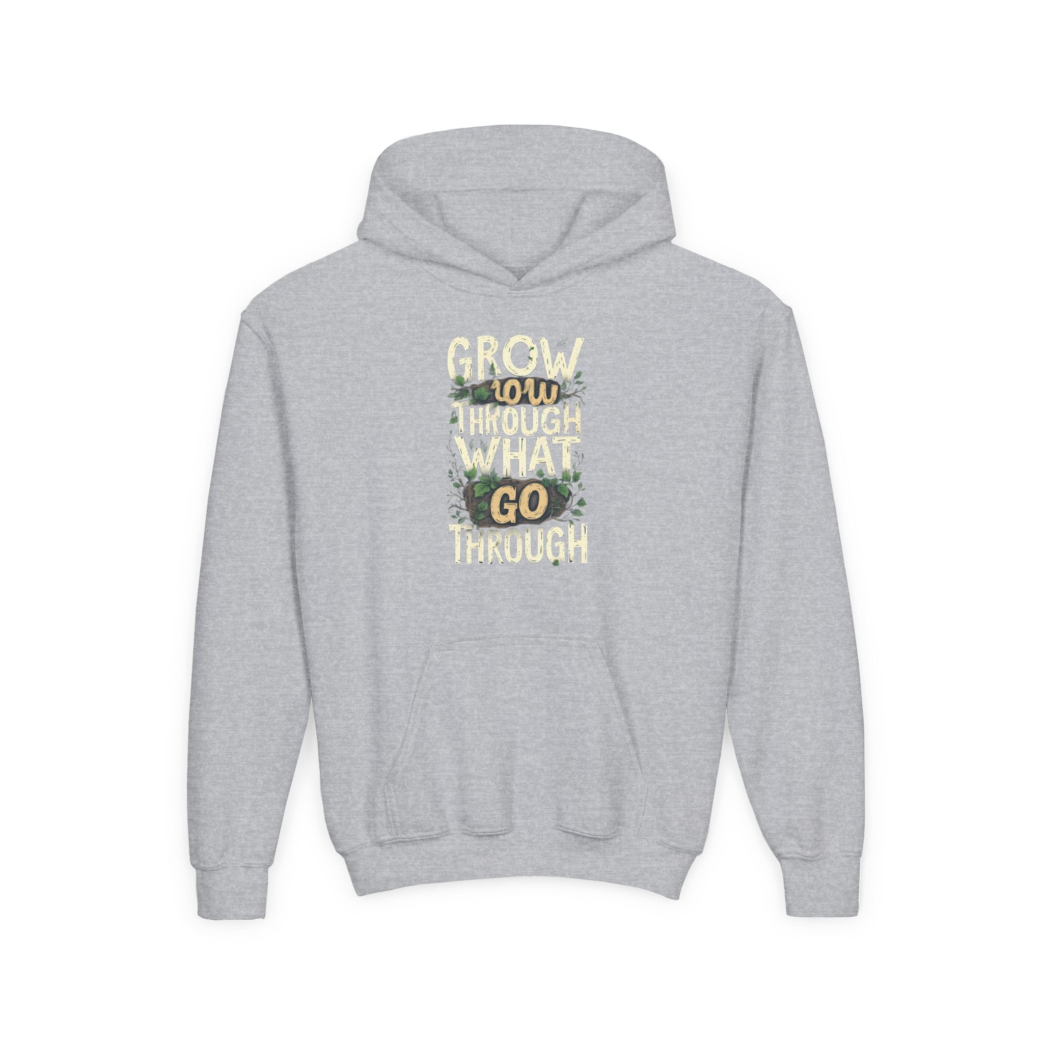 Youth Hoodie — 'Grow Slow, Go Through' Floral Motivational Hooded Sweatshirt