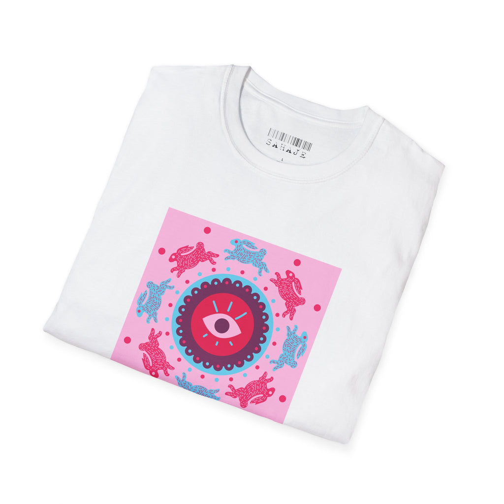 Psychedelic Eyeball Mandala T-Shirt — Pink Blue Retro Graphic Tee