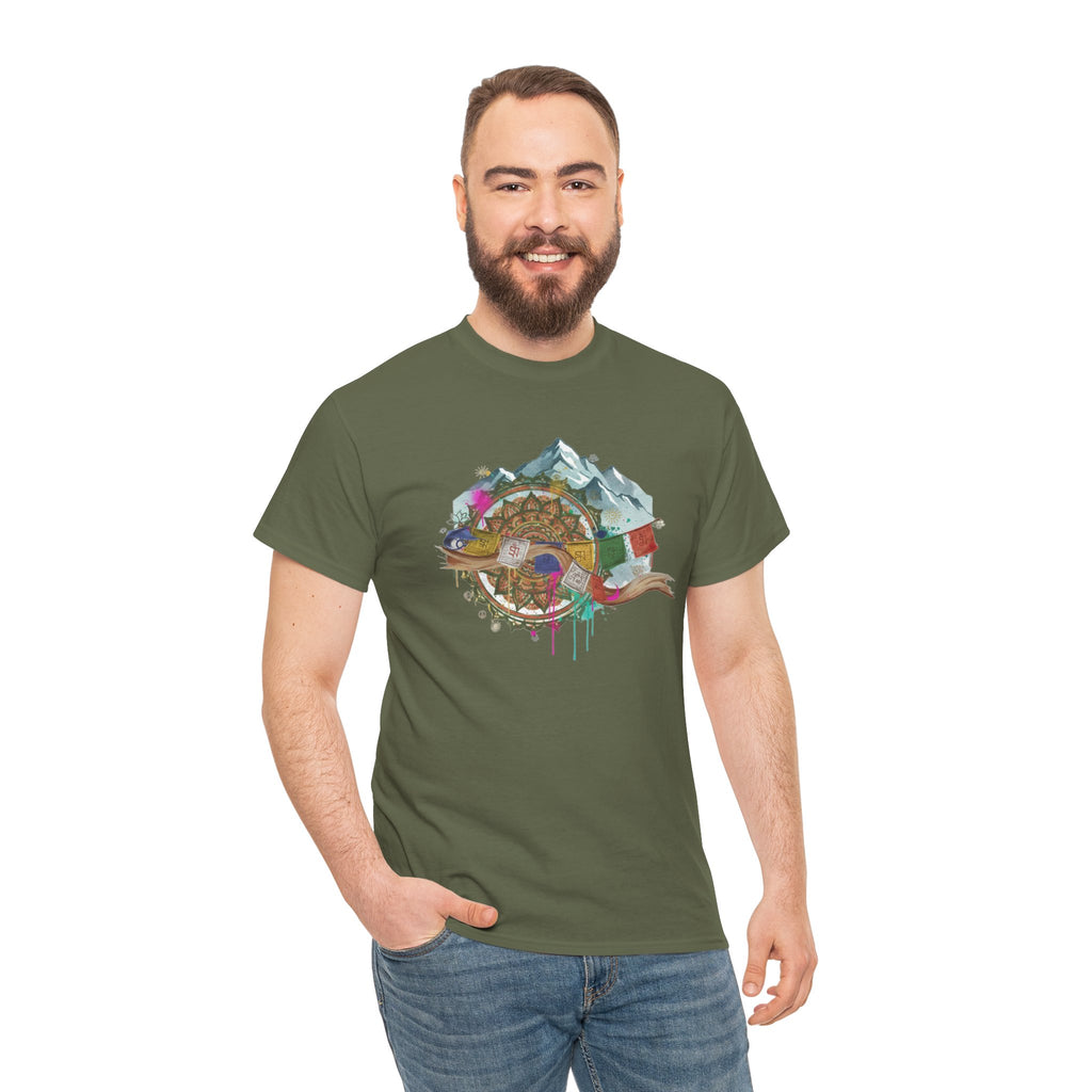 Adventure Compass Graphic Tee — Mountain, Globe & Flag Illustration
