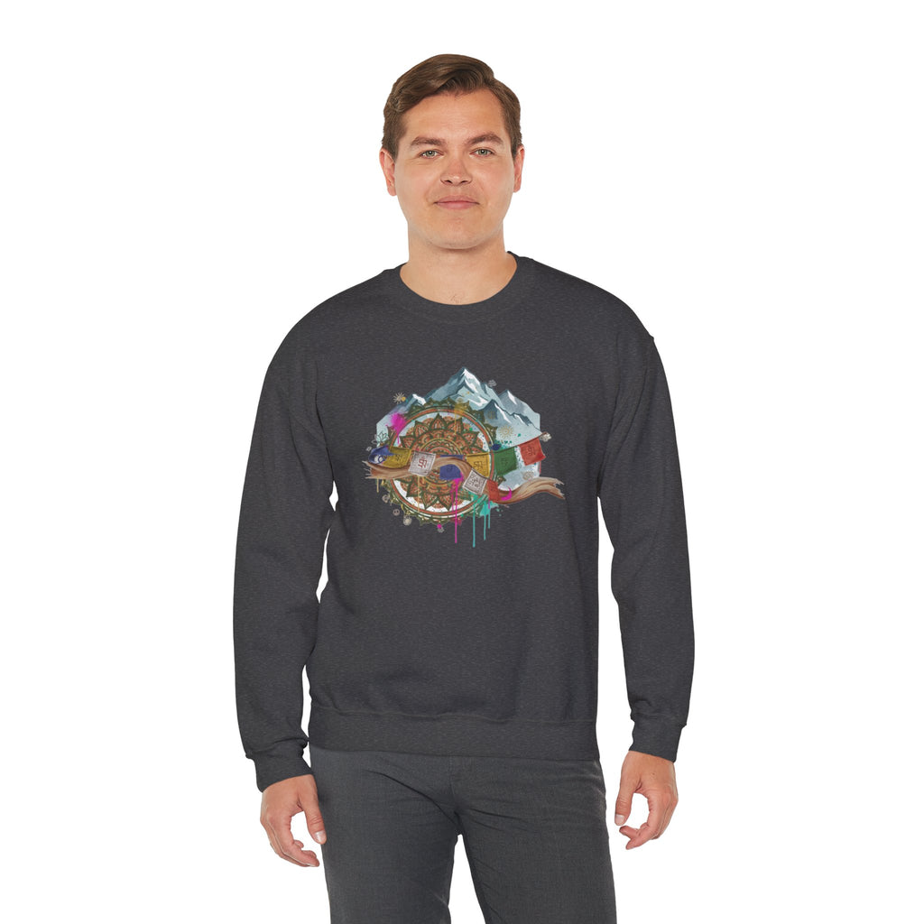 Adventure Mountain Crewneck Sweatshirt — Colorful Hiking Compass & Peaks Design