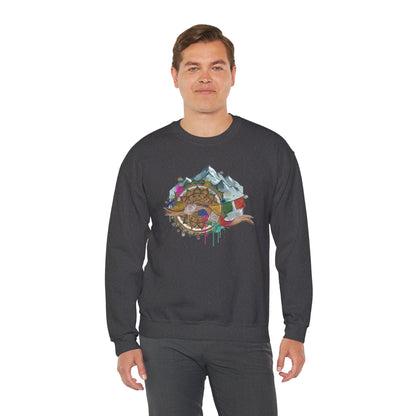 Adventure Mountain Crewneck Sweatshirt — Colorful Hiking Compass & Peaks Design