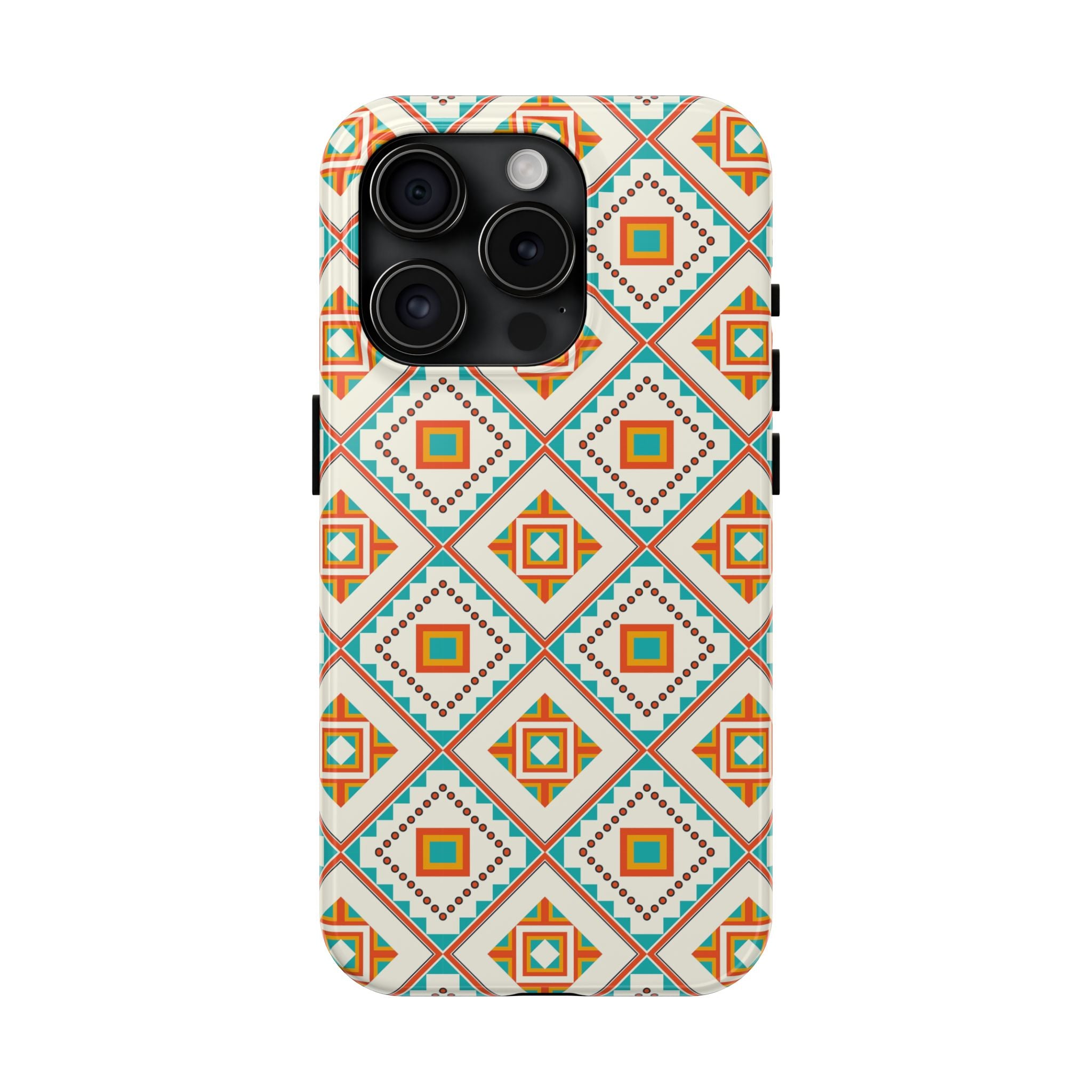 Tough Phone Case — Geometric Retro Tile Pattern, Orange & Teal Protective Cover
