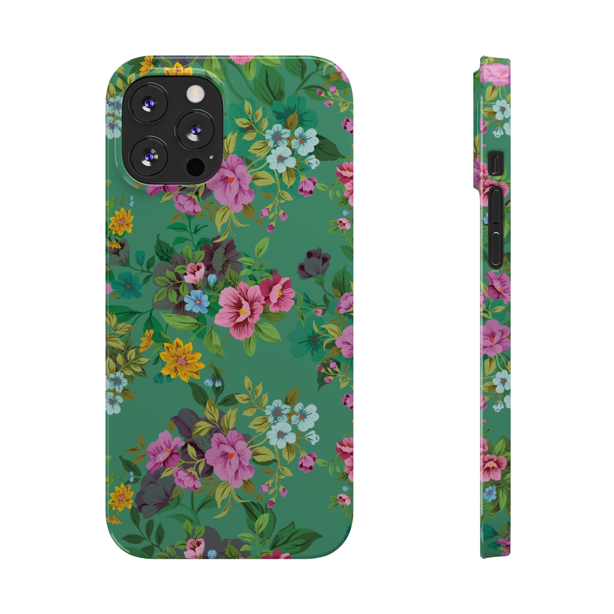 Floral Vintage Green Slim Phone Case — Pink & Yellow Garden Print