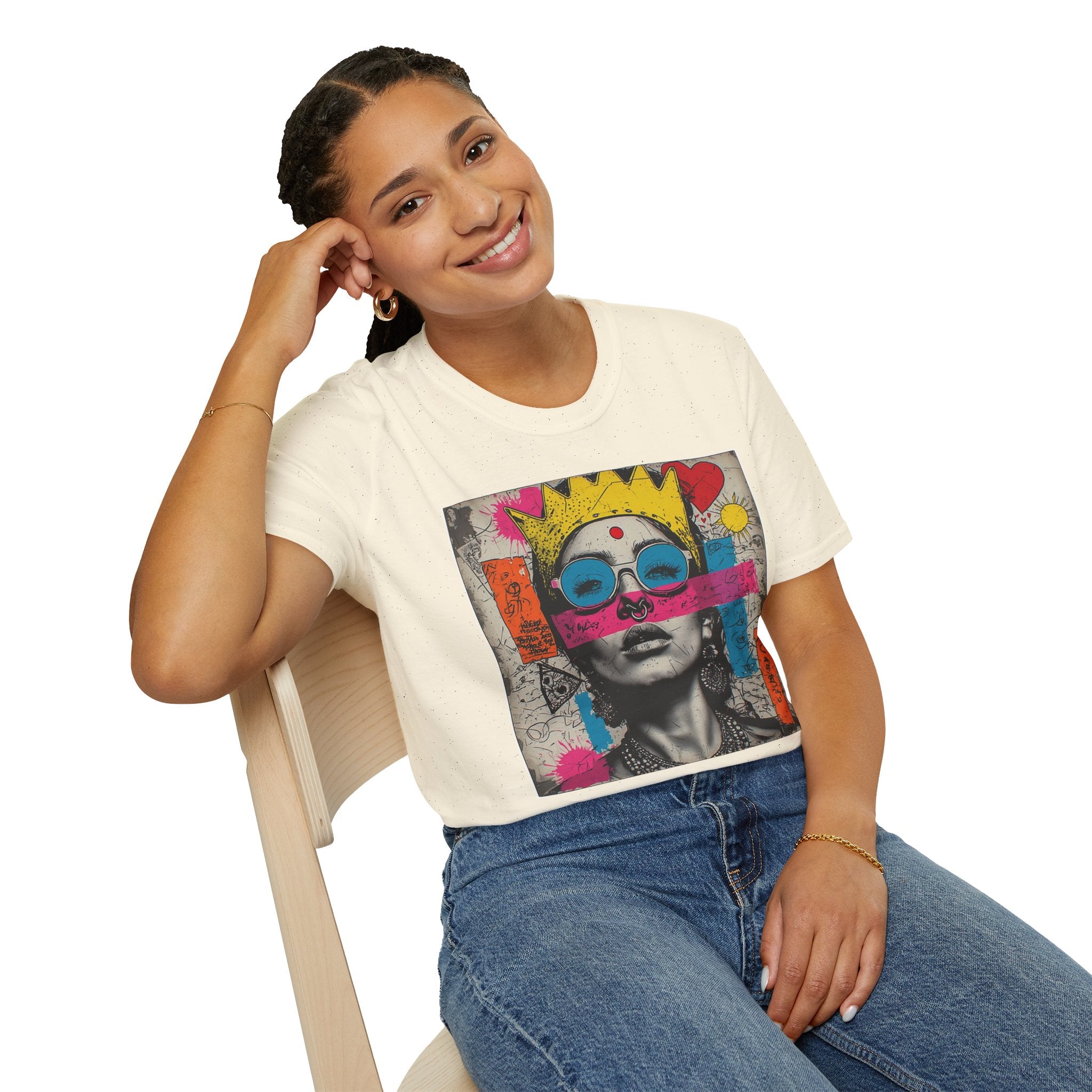 Abstract Pop Art Portrait T-Shirt — Neon Crown & Sunglasses Graphic