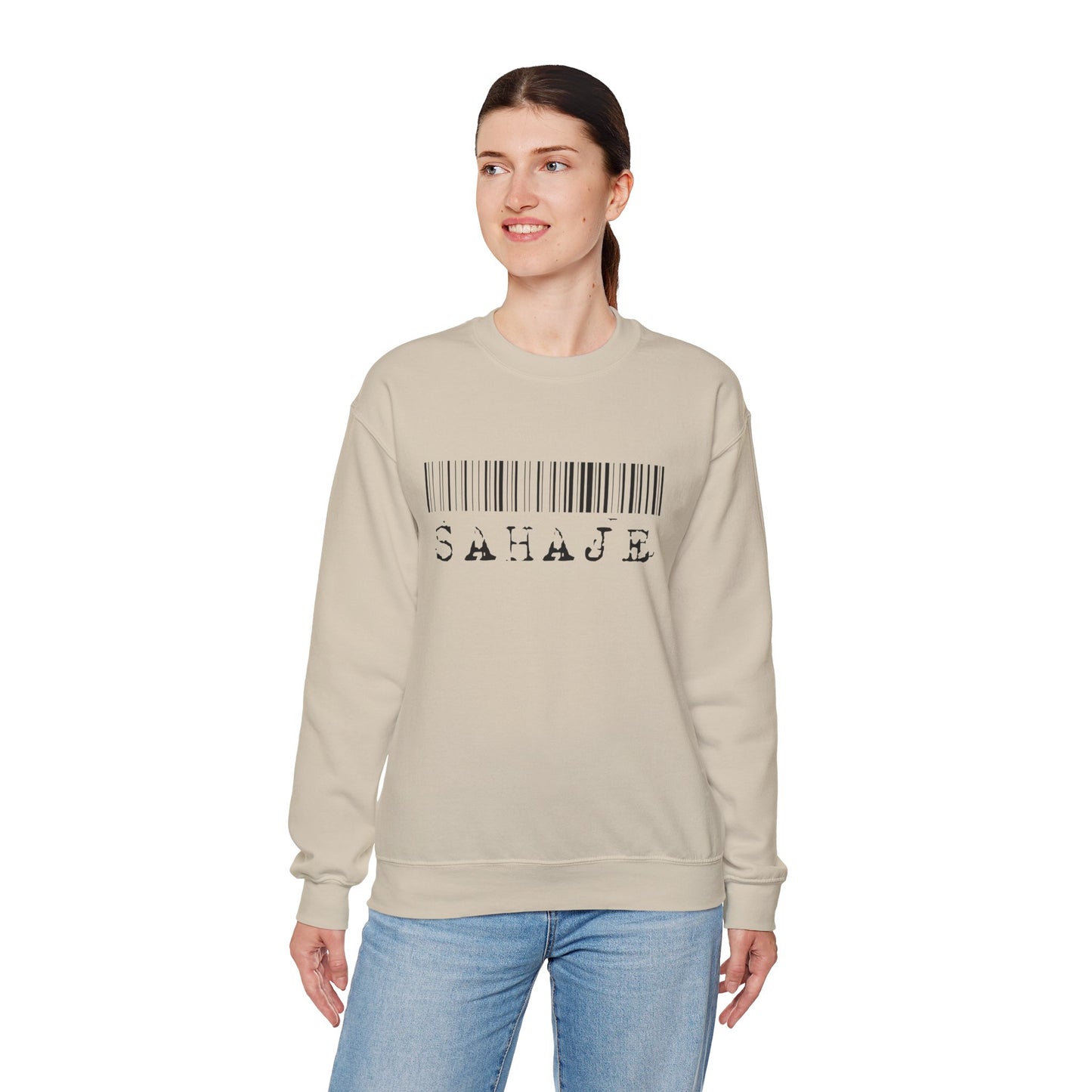 Sahaje Barcode Crewneck Sweatshirt — Minimalist White Graphic Pullover