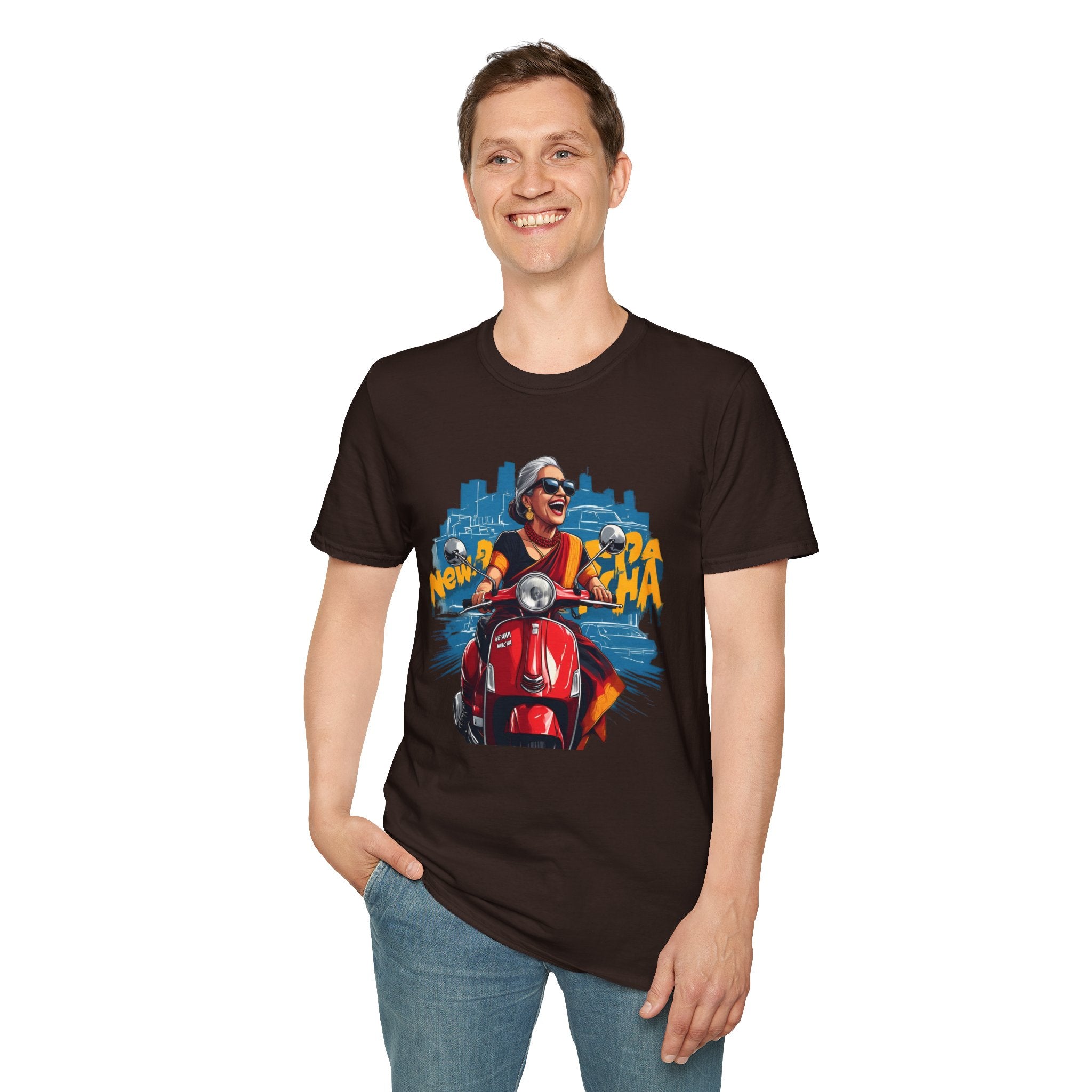 Newa Maicha Riding Scooter T-Shirt – Newari Woman in New York Graphic Tee, Cultural & Urban Design